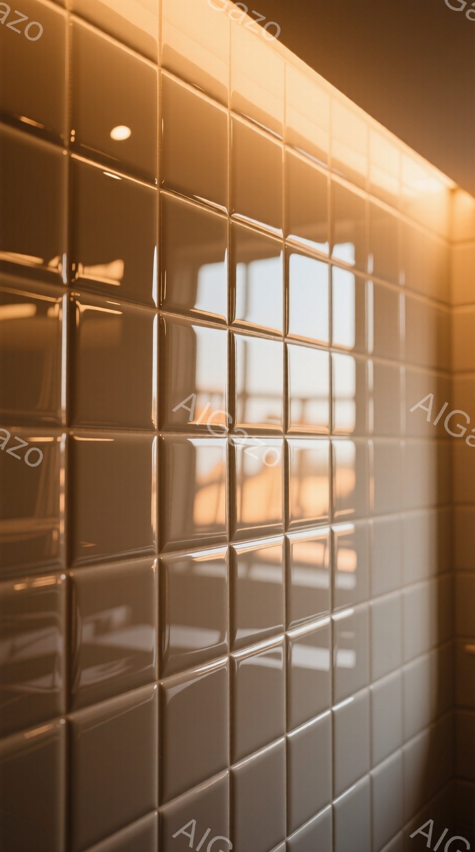 この画像は、光沢のある四角いタイルが規則的に並んだ壁面のクローズアップです。タイルの表面には外の風景がぼんやりと反射しており、光の加減によって壁面全体が暖色系の色調で表現されています。全体的に穏やかで落ち着いた雰囲気が漂い、どこかノスタルジックな印象を与えます。