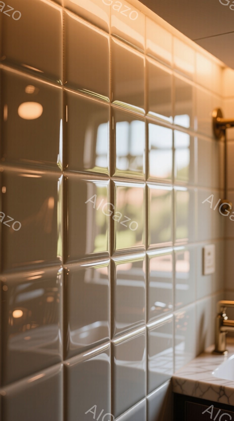 光沢のある灰緑色のタイルが壁一面に並び、その表面に光が反射して明るい印象を与えている。タイルの間から、ぼやけた緑色の庭園が見え、室内と自然の境界が曖昧になっている。全体的に、清潔感があり、落ち着いた雰囲気のバスルームの一部であると考えられる。