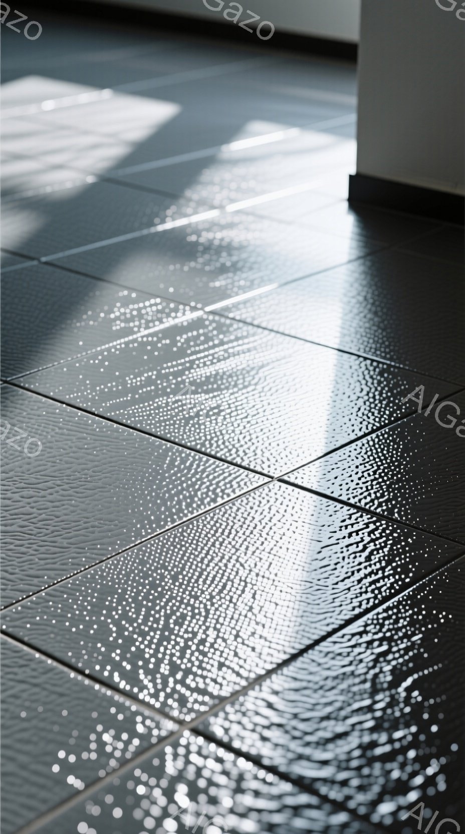 画像は、光沢のあるグレーのタイル張りの床面を捉えたクローズアップです。タイルには、水滴や光の反射が散りばめられ、まるで星空のような模様を作り出しています。床の奥には、おそらく壁の一部がわずかに見え、ミニマルでモダンな空間の一端を暗示しています。