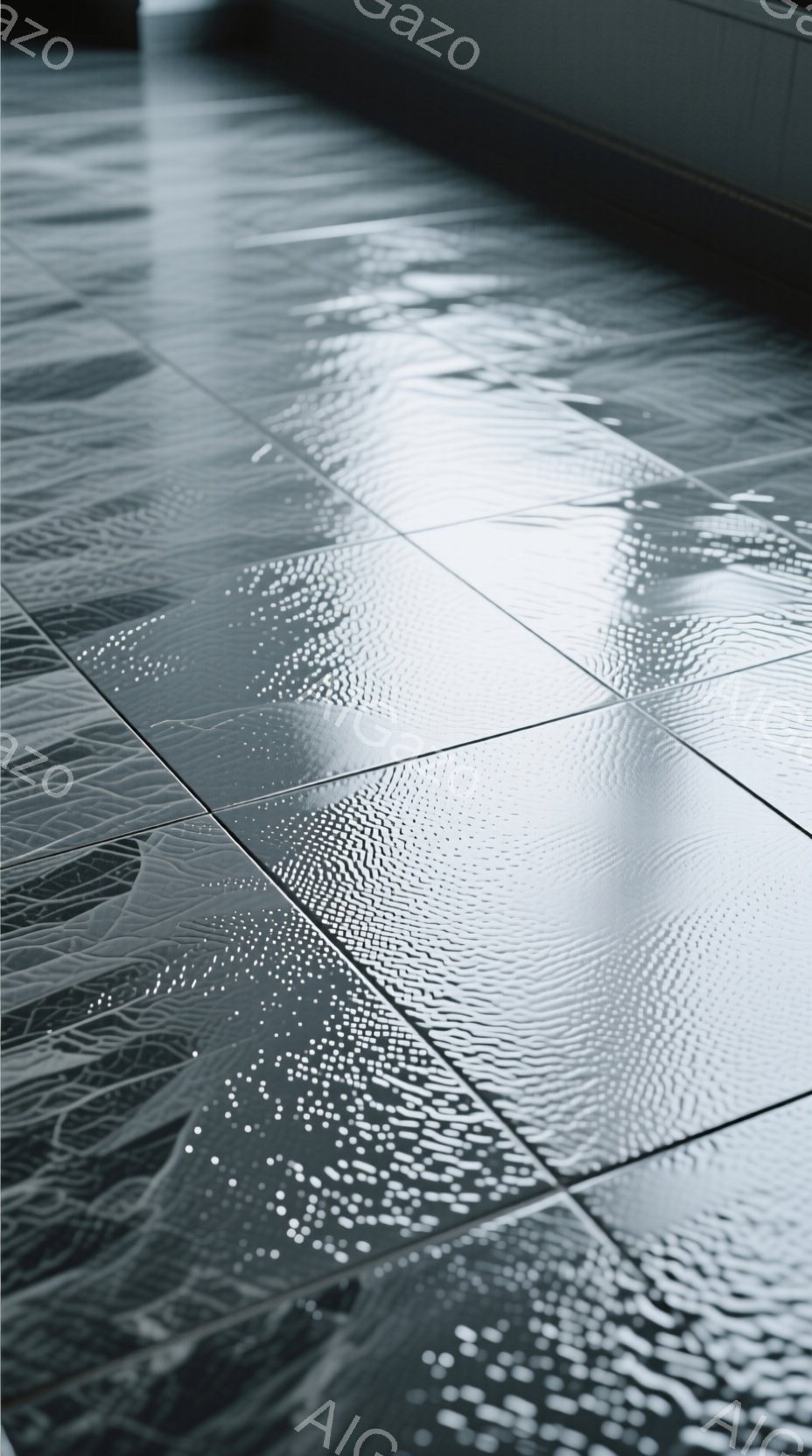 この画像は、規則的に並んだタイルフロアのクローズアップです。タイルの表面には、水滴が散りばめられ、独特のテクスチャと光の反射を生み出しています。タイルの模様は、縦方向の波模様と、複雑な網目状の模様があり、水滴によって強調されています。