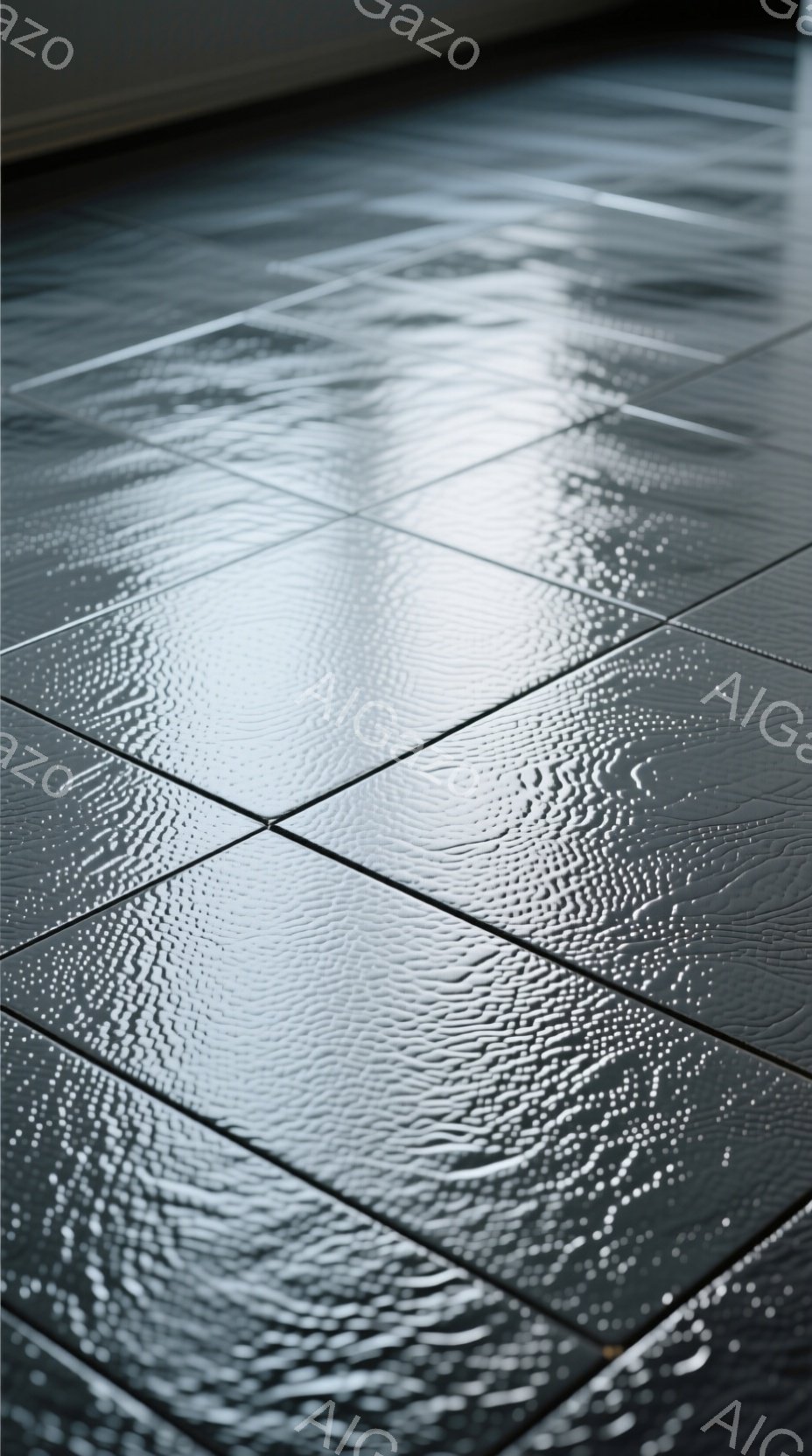 この画像は、黒色のタイル張りの床のクローズアップであり、水滴が表面に散らばっている様子が捉えられています。光の反射によって、水滴がまるで波紋のように見え、床面全体に独特のテクスチャを作り出しています。全体的に、湿った冷たい雰囲気で、雨上がりの静けさや、洗練されたモダンな空間を連想させます。