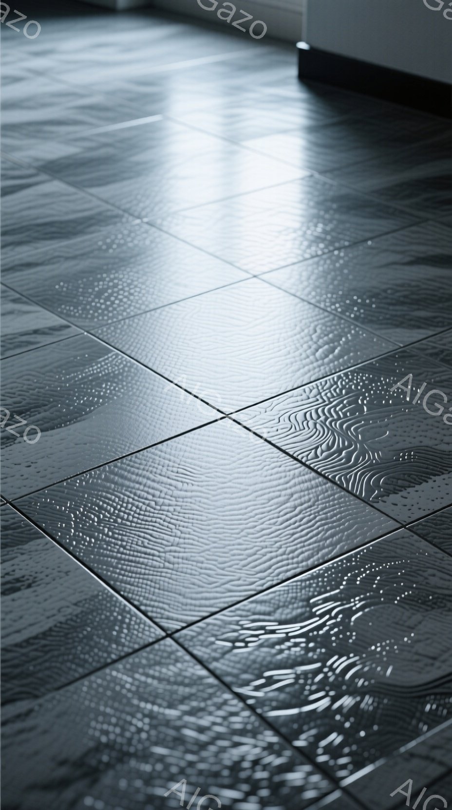 鮮やかな光沢のあるタイルが並んだ床面が写っている。各タイルには独特の彫刻模様が施され、光の反射によって複雑な陰影が生まれている。床面は滑らかで清潔感があり、モダンで洗練された雰囲気を醸し出している。