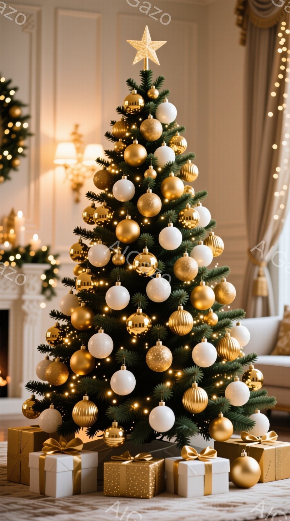豪華なクリスマスツリーが部屋の中央に飾られています。緑豊かな枝には、金色と白のオーナメントが輝き、頂上には星が輝いています。ツリーの周りには、金の包装紙でラッピングされたプレゼントが積み重ねられ、暖かく華やかな雰囲気を醸し出しています。
