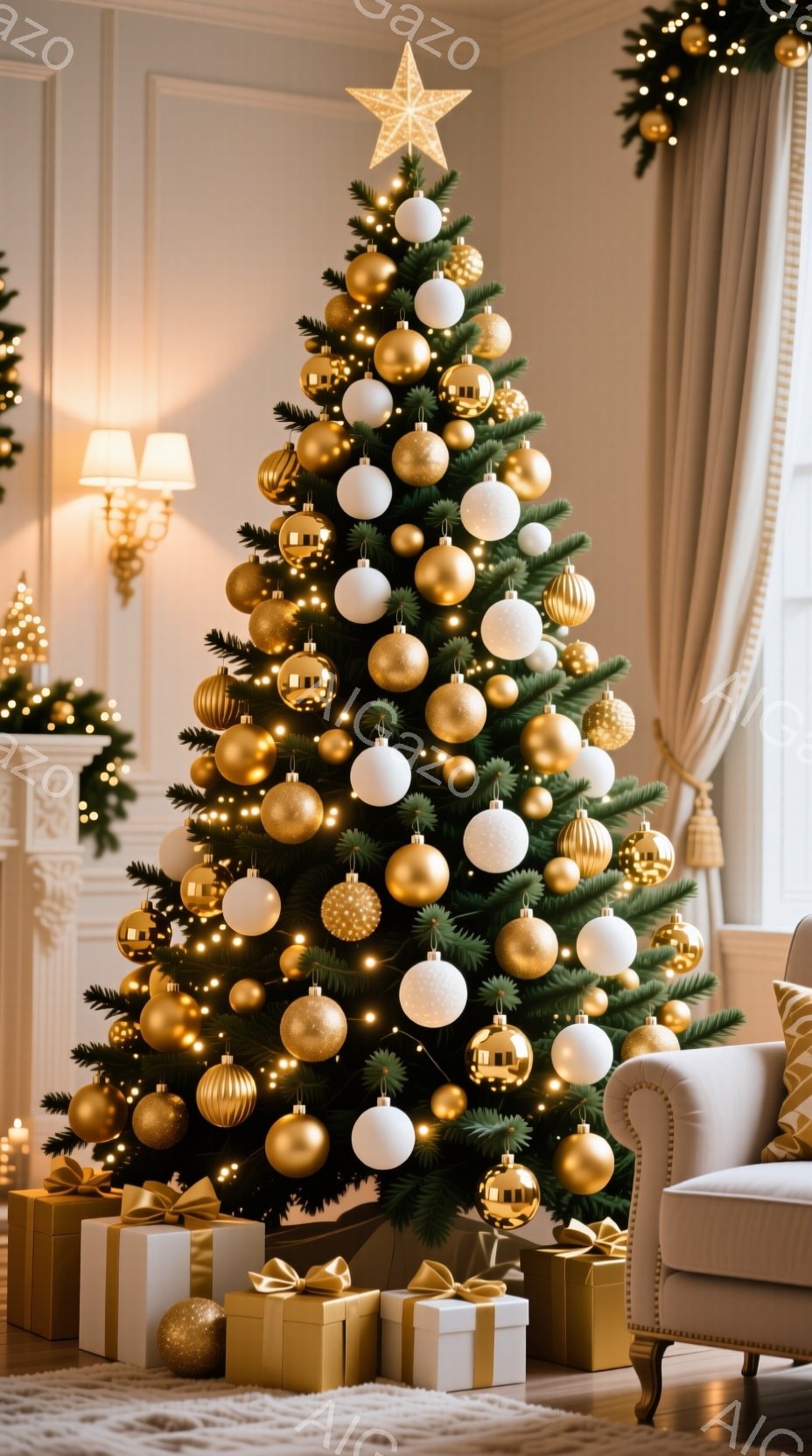 クリスマスツリーが部屋の中心に飾られています。白と金のオーナメントが輝き、暖色の光が優雅な雰囲気を醸し出しています。ツリーの下には、同じく金色のラッピングペーパーで包まれたプレゼントの箱が積み重ねられ、お祝いの雰囲気を高めています。