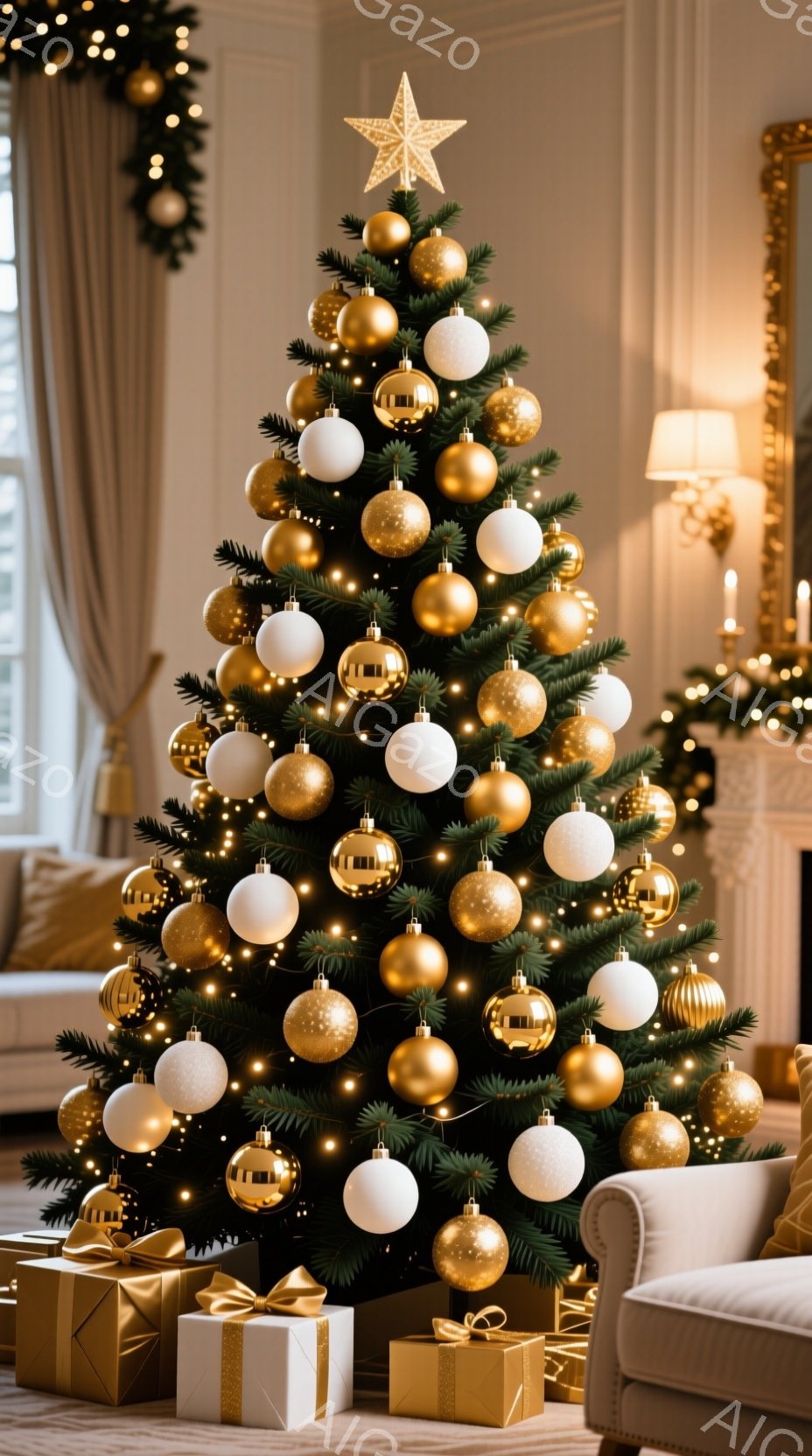 クリスマスツリーが部屋の中央に飾られており、金色と白のオーナメントが輝いています。ツリーの下には、金色のリボンで飾られたプレゼントボックスが置かれ、暖かくお祝いの雰囲気を醸し出しています。背景には、暖炉や装飾が施された壁が見え、高級感あふれる空間を作り出しています。