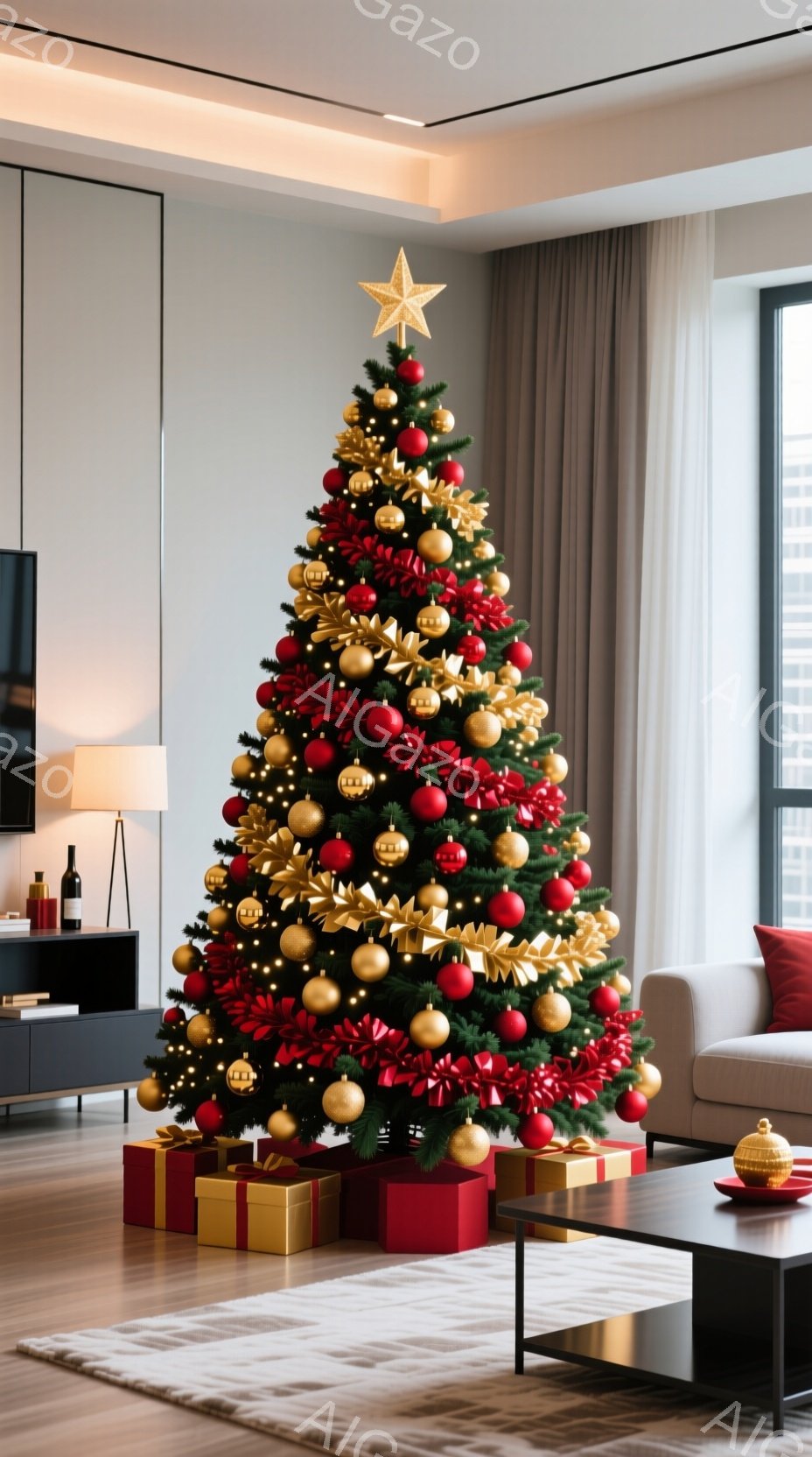 豪華な装飾が施されたクリスマスツリーが、赤と金のプレゼントボックスに囲まれて部屋の中心に置かれています。背景には、ベージュのカーテンとグレーのソファが見え、モダンで落ち着いた雰囲気が漂っています。全体的に暖色系の照明が使われ、華やかで心地よい空間を作り出しています。