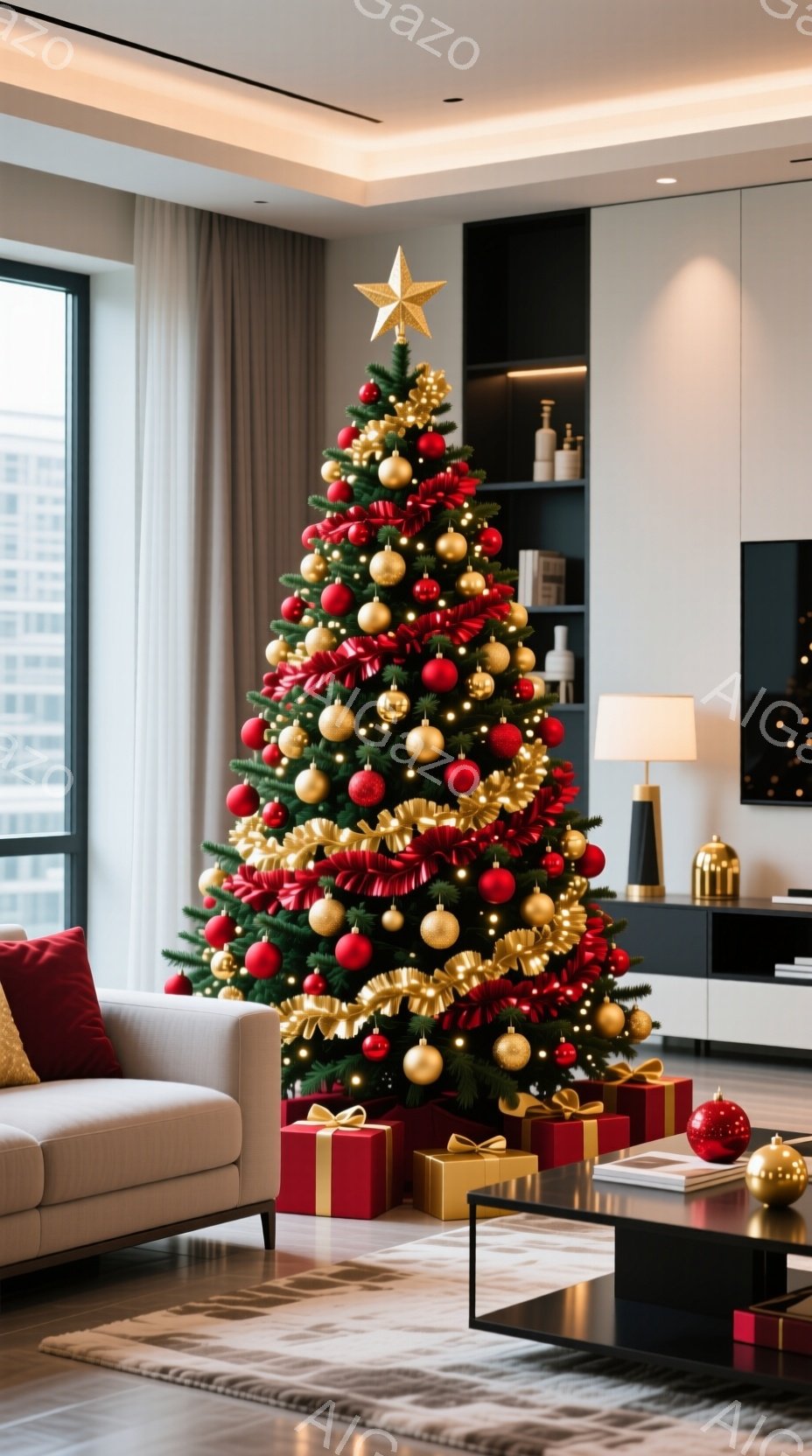 豪華なクリスマスツリーがリビングの中心に飾られています。深紅と金色のオーナメントが輝き、プレゼントボックスがツリーの足元に積み重ねられています。背景にはモダンな家具と窓から差し込む光があり、暖かく洗練されたクリスマスの雰囲気を醸し出しています。