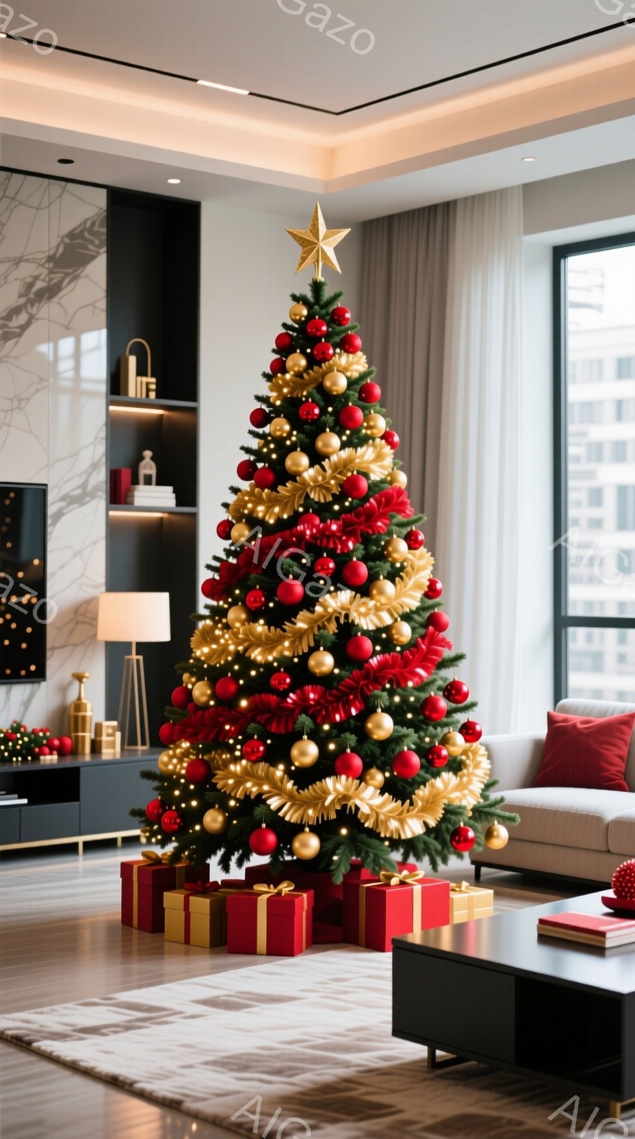 豪華な装飾が施されたクリスマスツリーが、白い絨毯の上に置かれた赤いギフトボックスの山の上に堂々と立っています。ツリーは、金色のオーナメントとリボンで飾り付けられ、暖かく光り輝くライトが輝きを増しています。背景には、モダンな家具と大きな窓から見える都市の風景があり、洗練されたクリスマスの雰囲気を醸し出しています。