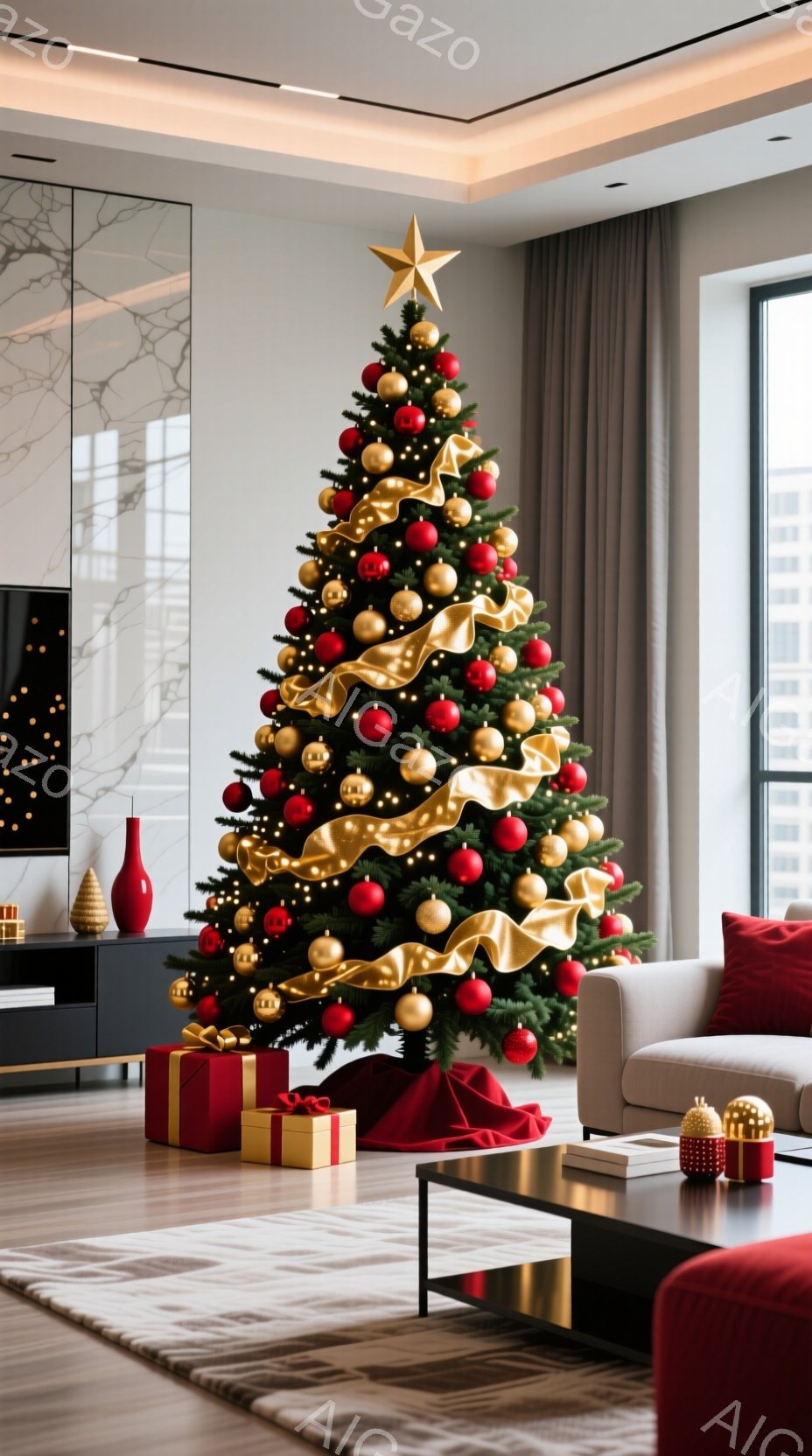 豪華な装飾が施されたクリスマスツリーが部屋の中心に置かれています。ツリーは赤いオーナメントと金色のリボンで飾られ、足元には赤いギフトボックスがいくつか置かれています。背景には、モダンな内装の部屋と窓から見える都市の景色が広がっており、暖かく華やかな雰囲気を醸し出しています。