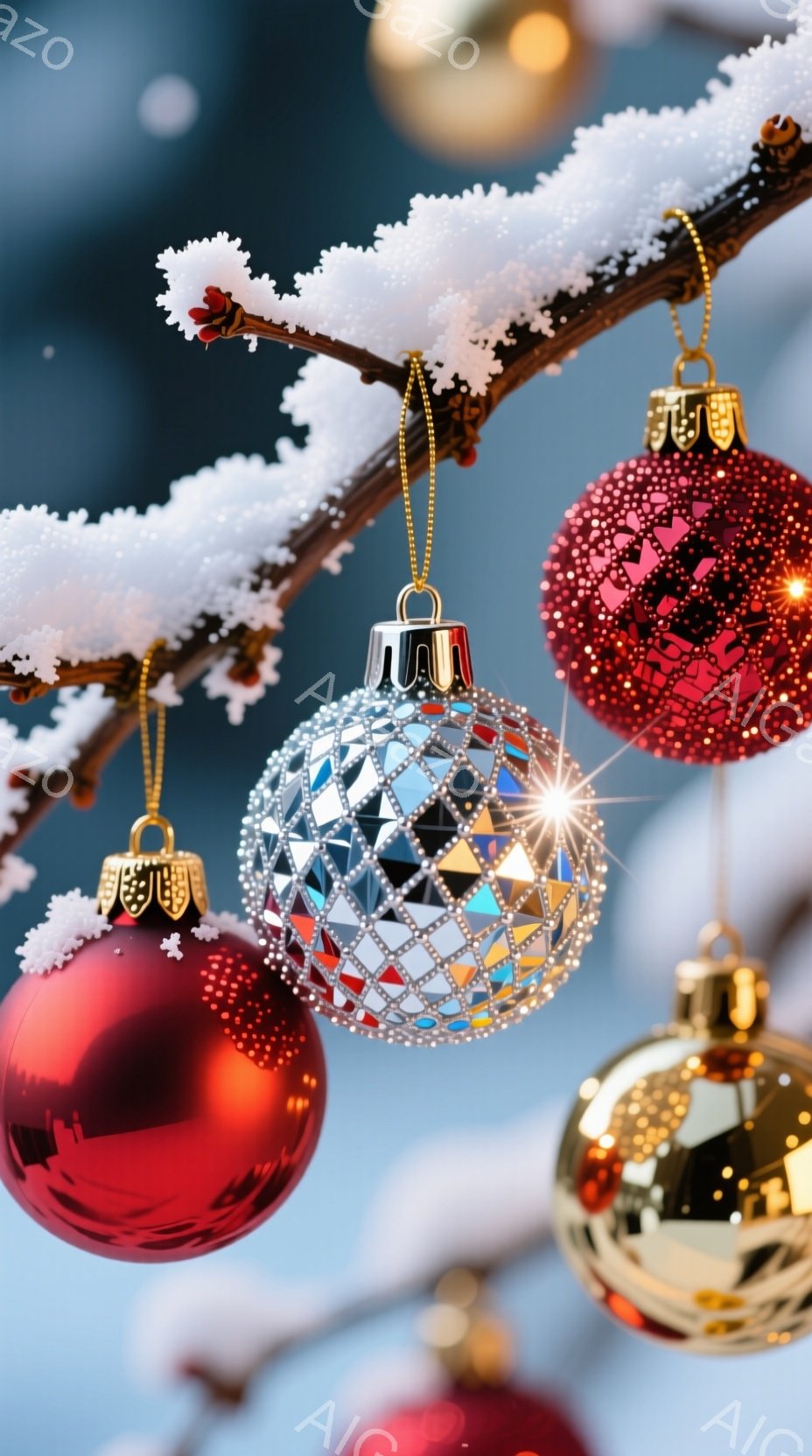 画像には、雪で覆われた枝に飾られた様々なクリスマスオーナメントが写っています。赤、銀、金色の輝くオーナメントが密集し、背景はぼやけた青色で、冬の静寂と華やかさを表現しています。光の反射がオーナメントを - AI生成フリー素材