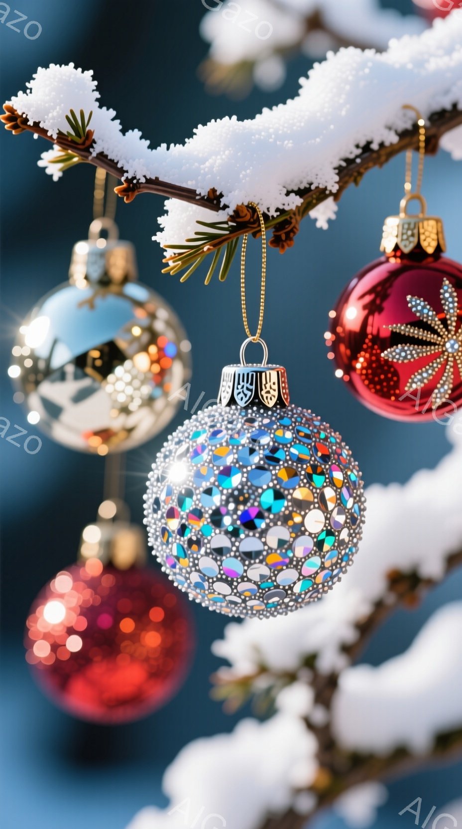 鮮やかなクリスマスオーナメントが、雪で覆われた枝に飾られています。赤、銀、水色のオーナメントは、それぞれ異なるテクスチャで輝き、雪景色とのコントラストが美しいです。全体的に、冬の暖かく幻想的な雰囲気を醸し出しています。