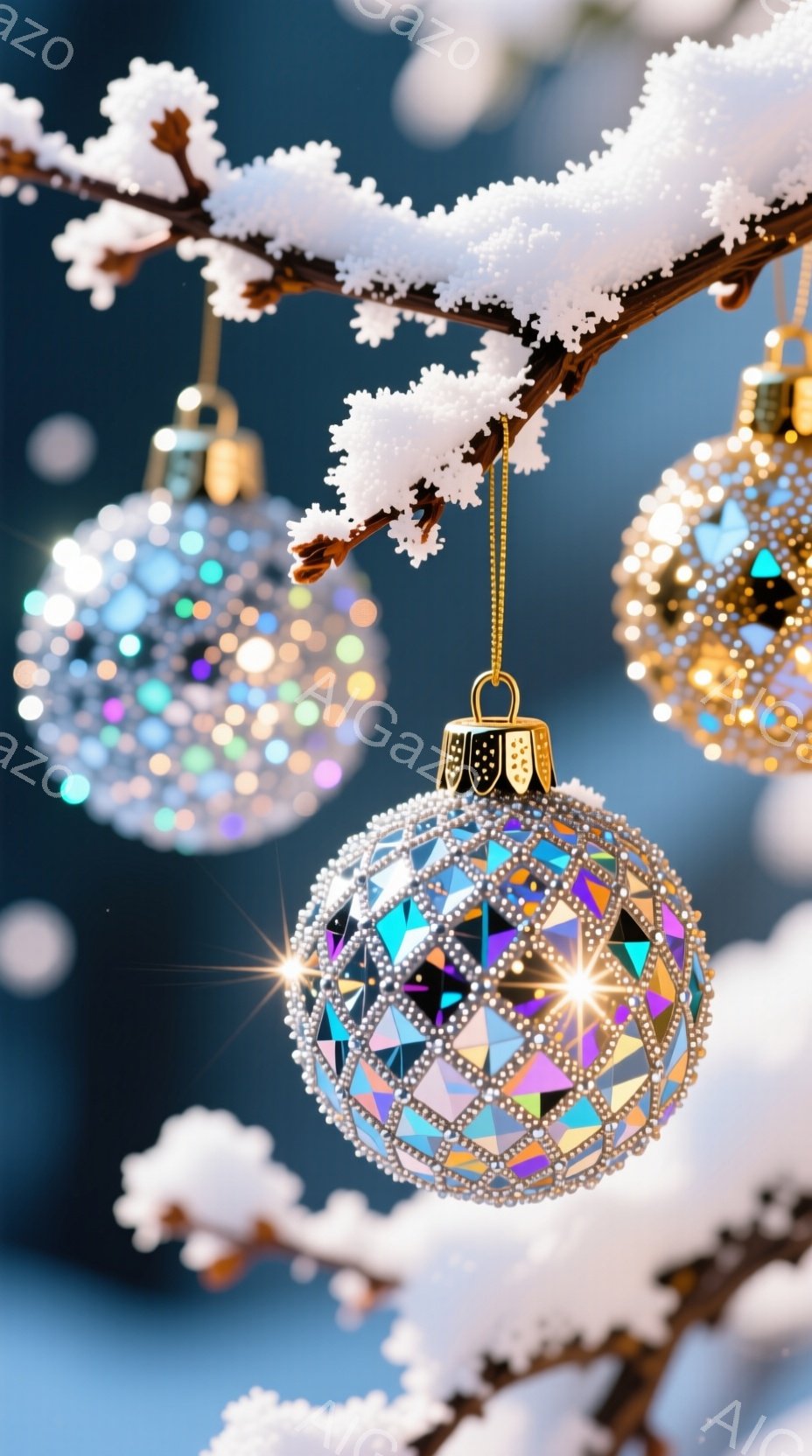 画像には、雪の積もった枝に吊るされた輝くオーナメントが写っています。青、紫、ピンクの色調のダイヤモンドのような装飾が施されたオーナメントが一番手前にあり、背景には金色のオーナメントと、水玉模様のオーナメントが見えます。背景はぼやけた冬の風景で、全体的に暖かく、キラキラとした、お祝いの雰囲気が漂っています。