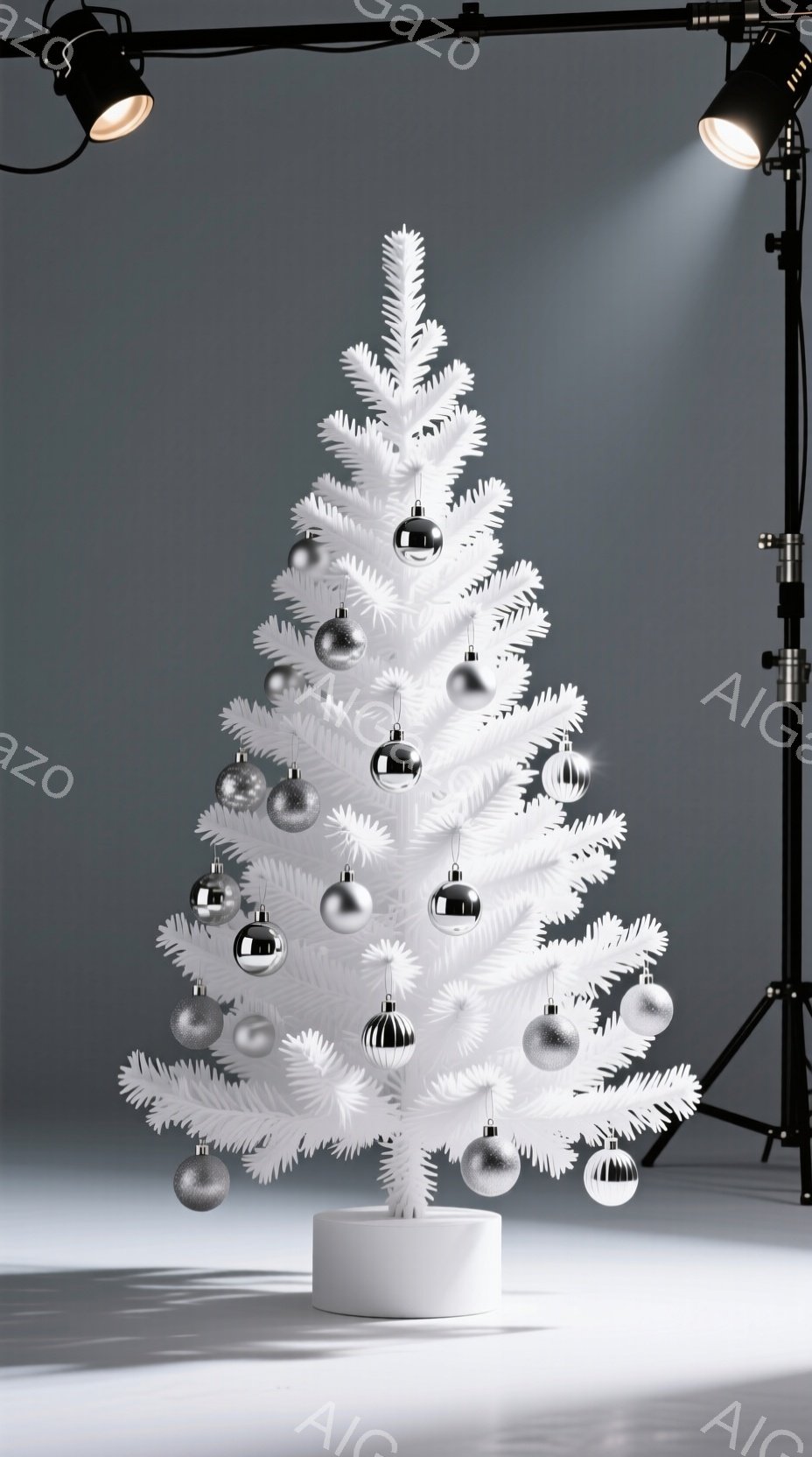 白いクリスマスツリーが、白い台座の上に立っている。ツリーには、銀色のオーナメントが飾り付けられており、背景はグレーで、照明スタンドがわずかに見える。全体的に、シンプルでモダンな雰囲気が漂う。
