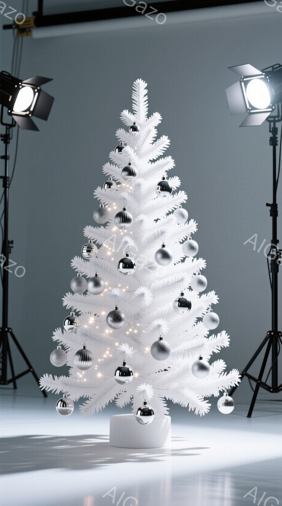 白いクリスマスツリーが、白い台座の上に立っている。銀色のオーナメントが飾り付けられており、小さな電飾がツリー全体を優しく照らしている。背景は白く、プロのスタジオのような照明機材が設置されており、全体的に清潔感のある、洗練された雰囲気を醸し出している。