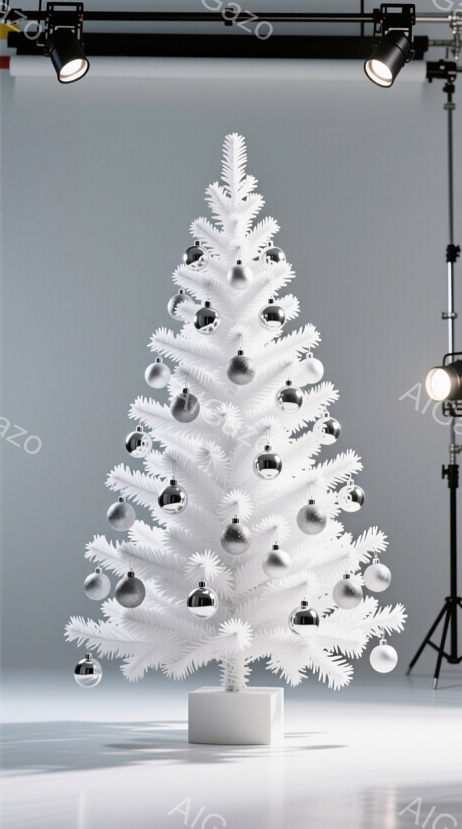 白いクリスマスツリーが白い台座の上に立っている。銀色のオーナメントがツリー全体に均等に配置され、光沢のある質感が際立つ。背景はグレーで、天井から照明器具が吊り下げられており、スタジオ撮影の様子がうかがえる。