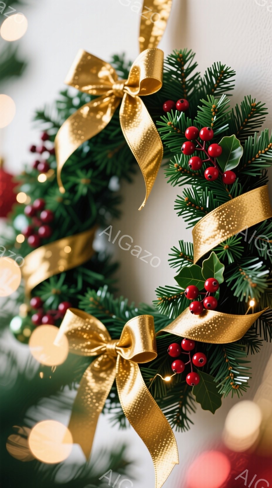 クリスマスデコレーションが写っている画像です。深い緑の葉と赤い実が茂り、金色のリボンが華やかに飾られています。ぼやけた背景には暖色の光が散りばめられ、温かく、お祝いの雰囲気が漂っています。
