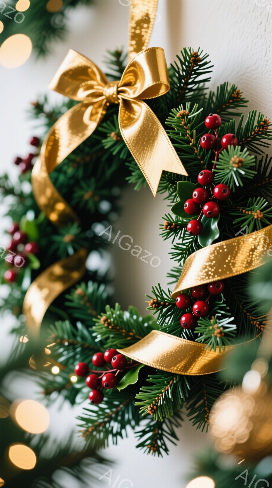 鮮やかな緑の葉と赤い実が、金色のリボンで飾られたリースを構成しています。背景はぼやけており、暖かく柔らかな光がリース全体を照らしています。この装飾は、冬の祝祭やホリデーシーズンを象徴する、華やかで温かい雰囲気を醸し出しています。
