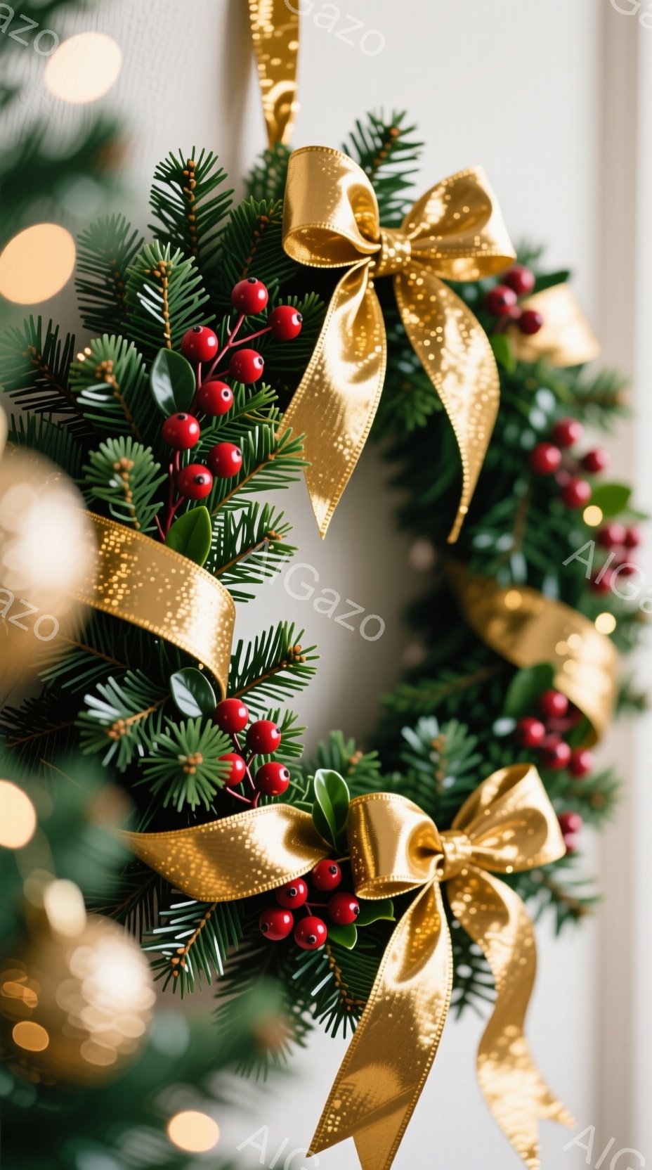 クリスマスリースが焦点となっており、緑の葉と赤い実、そして金色のリボンで飾られています。背景にはぼやけた光があり、華やかで温かい雰囲気を醸し出しています。全体的に、クリスマスの装飾が施されたお祝いの空間を連想させる画像です。