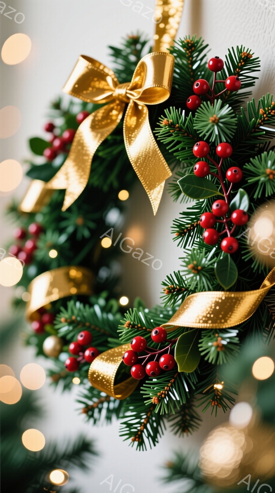 鮮やかな赤い実と緑の葉が密集したクリスマスリースが、白い壁を背景に飾られています。金色のリボンがリースに巻き付けられ、華やかさを添えています。背景にはぼんやりとした光が散りばめられ、温かく、お祝いの雰囲気を醸し出しています。