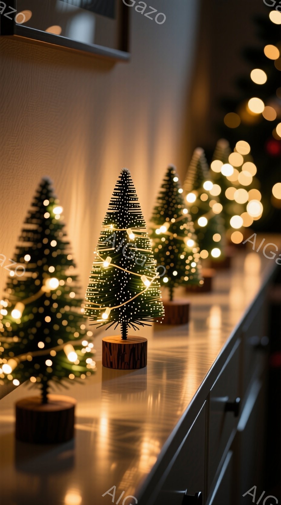 暖かく光るクリスマスツリーが、磨かれた台の上に整然と並べられています。背景はぼやけており、温かい光が反射して、落ち着いたホリデーの雰囲気を醸し出しています。木製の台座が、各ツリーの安定感と自然な美しさを引き立てています。