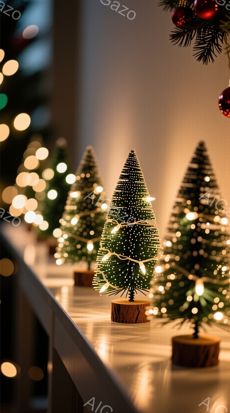 暖かく優しい光が灯るクリスマスの飾り付けが印象的な写真です。細身のクリスマスツリーが数本、木製の台座に乗って並べられており、その周りにはぼんやりとした光のぼかしが見られます。全体的に温かみのある雰囲気で、穏やかな祝祭の季節を感じさせます。