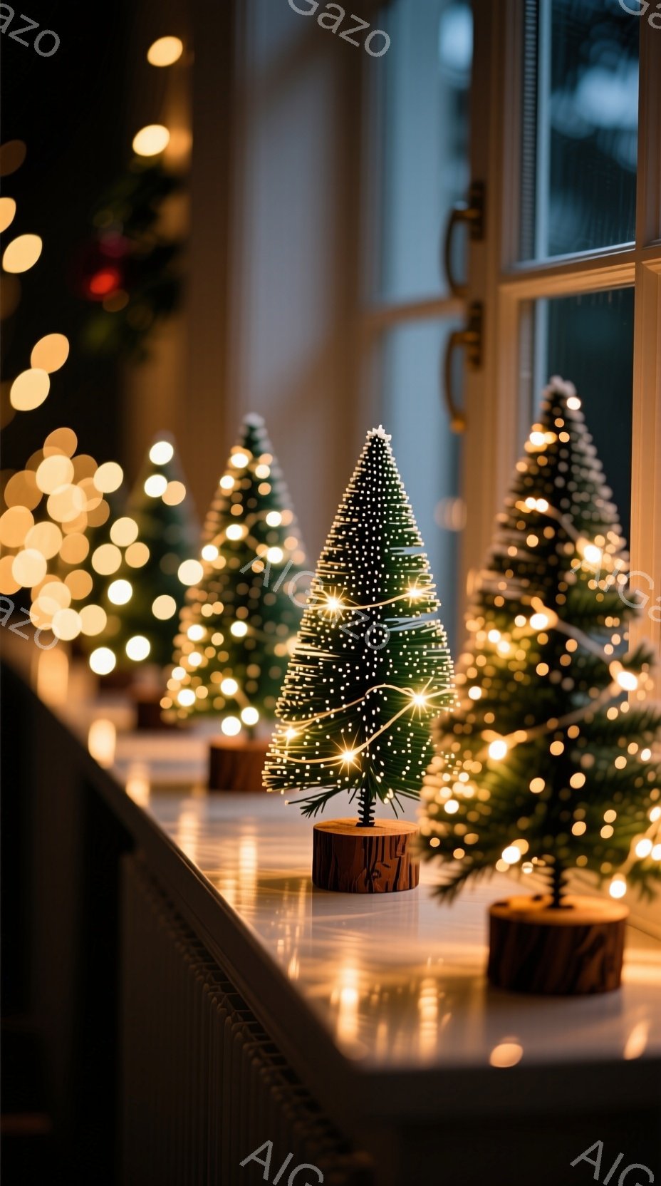 窓辺に飾られた小さなクリスマスツリーが並んでいます。それぞれのツリーは木の切り株のような台座に置かれ、暖かい光を放つ電飾で彩られています。背景にはぼやけた光のぼかしが見え、穏やかでロマンチックな冬の雰囲気を醸し出しています。