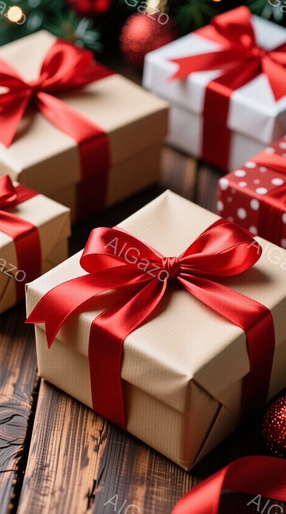 暖色系の木製の背景に、ラッピングされたプレゼントがいくつか並んでいます。プレゼントはクリーム色と白を基調とし、鮮やかな赤いリボンで飾られています。全体的に温かく、お祝いの雰囲気が漂い、クリスマスや誕生日などの特別なイベントを連想させます。