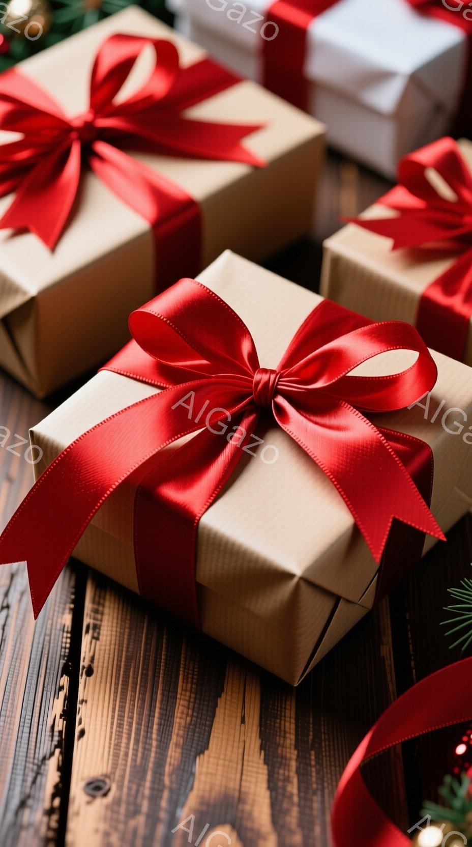 濃い木製のテーブルの上に、茶色の包装紙で包まれたプレゼントがいくつか並んでいます。それぞれに鮮やかな赤いリボンが結ばれており、クリスマスや特別な機会を予感させます。背景には緑の葉や赤い飾りが見え、温かみのあるお祝いの雰囲気が漂っています。