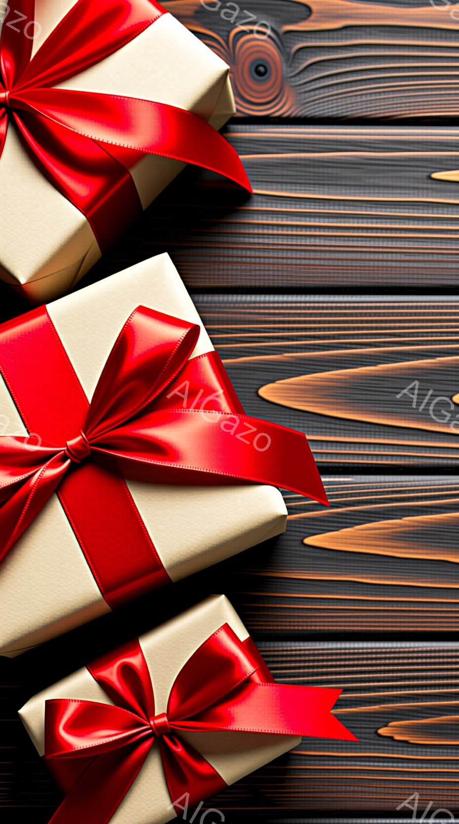 包装紙で包まれた3つのギフトボックスが、茶色の木目調の背景に並んでいます。それぞれに赤いリボンが華やかに結ばれており、シンプルながらも上品な印象を与えます。ギフトボックスは同じ大きさで、丁寧にラッピングされている様子から、特別な日の贈り物であることが窺えます。