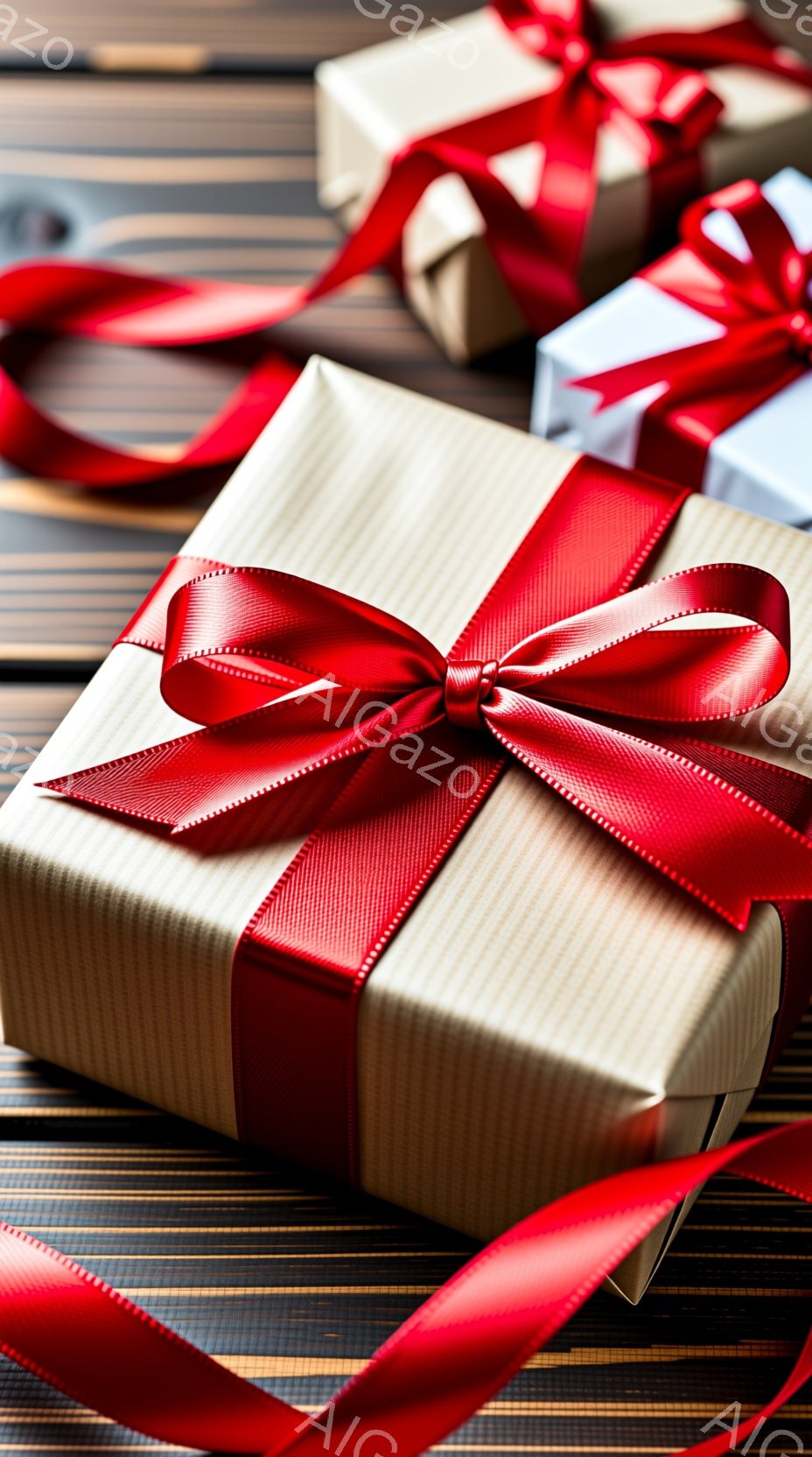 複数のプレゼントが、ダークブラウンの木製テーブルの上に置かれています。プレゼントはベージュと白のストライプのラッピングペーパーで包まれ、鮮やかな赤いリボンで飾られています。リボンは丁寧に結ばれ、プレゼントの美しさを引き立てています。