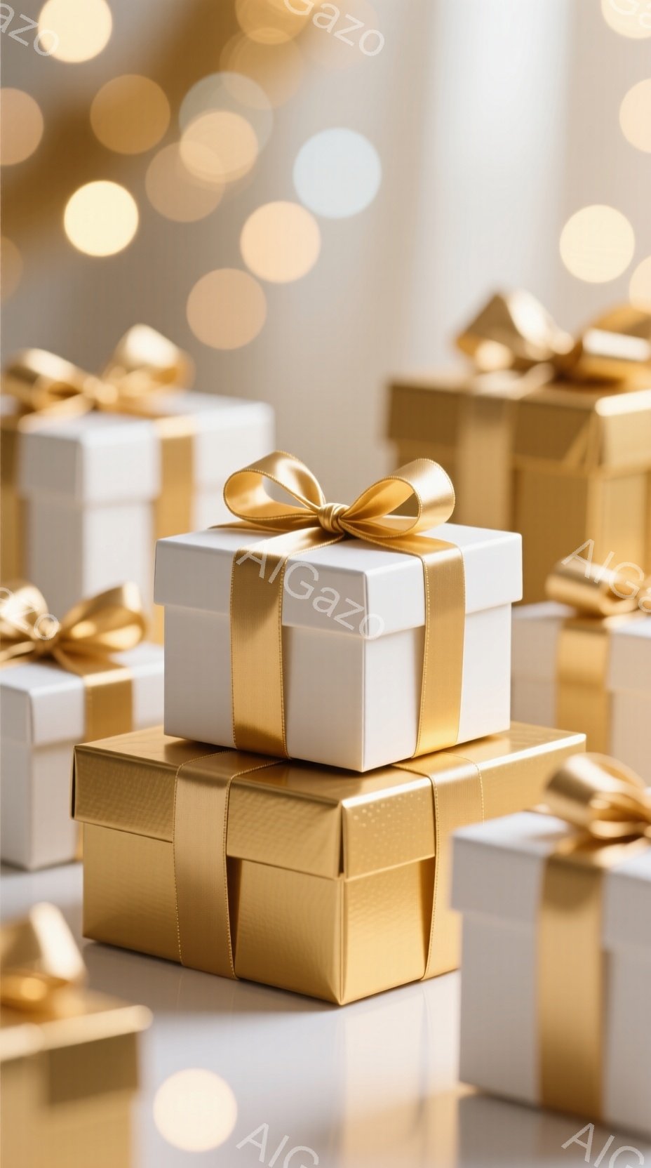 白と金のギフトボックスが積み重ねられ、金色のリボンで飾られています。背景はぼやけた金色の光のぼかしで、反射する表面が上品な雰囲気を醸し出しています。全体として、華やかで祝祭的な、あるいは贈り物を強調したイメージです。