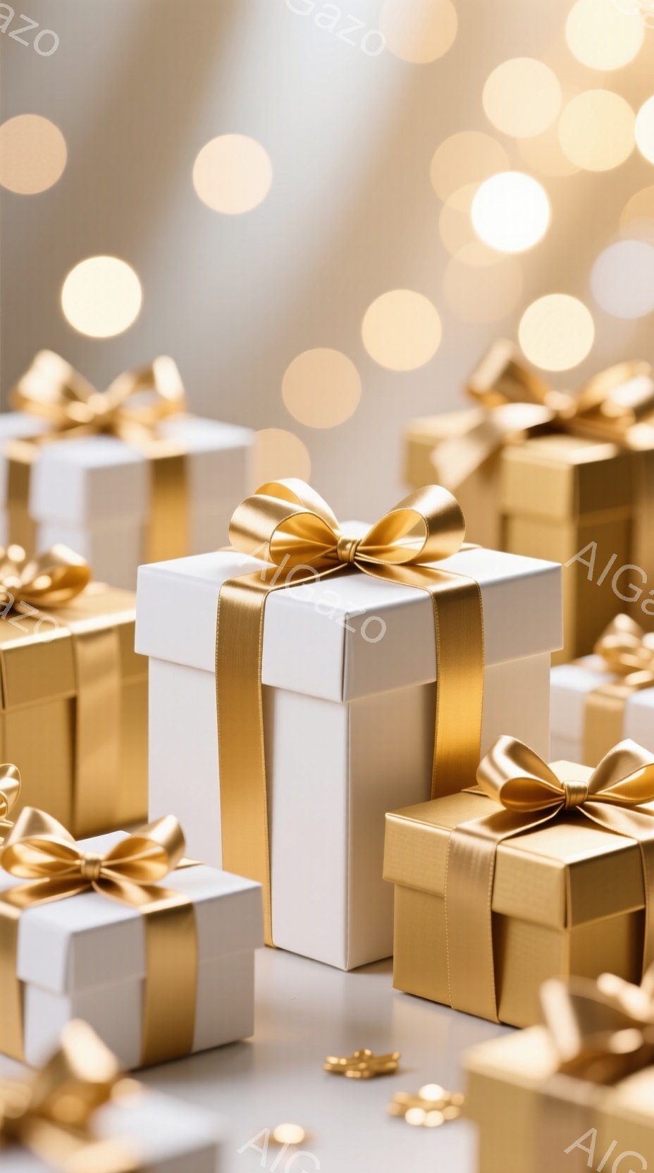 白いギフトボックスが複数、金色のリボンで飾られ、光沢のある背景の上に配置されています。ボックスは様々な高さに配置され、キラキラした金色の紙吹雪が散りばめられています。全体的に、華やかで祝祭的な雰囲気が漂い、贈り物や特別な機会を連想させます。