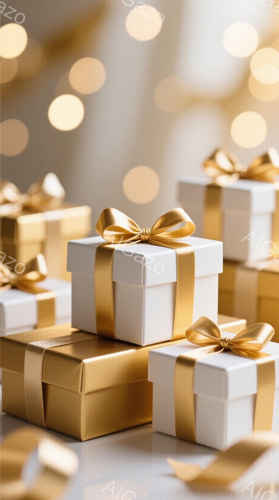 白と金色のギフトボックスが、光沢のある反射面の上に積み重ねられています。金色のリボンが丁寧に結ばれ、華やかな印象を与えています。背景にはぼやけた光のぼかしがあり、お祝いや特別な機会を連想させる温かく明 - AI生成フリー素材