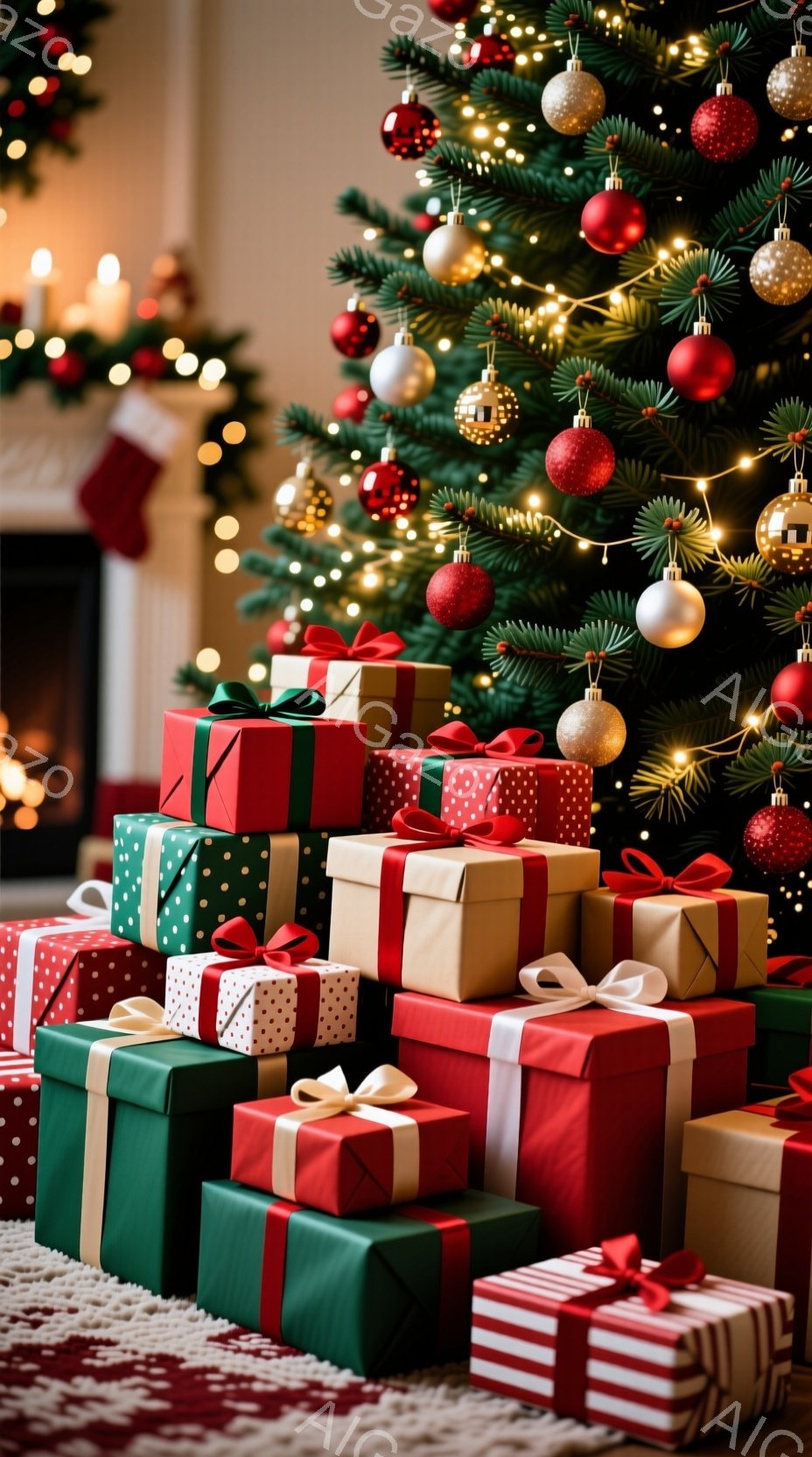 クリスマスツリーの前に、赤、緑、ベージュ、ストライプ模様のギフトボックスが積み重ねられています。ギフトボックスにはそれぞれ赤いリボンと装飾が施されており、暖炉とぼんやりとした背景のライトがクリスマスの温かくお祝いの雰囲気を醸し出しています。全体的に、贈り物がいっぱいのクリスマスの温かいシーンが捉えられています。
