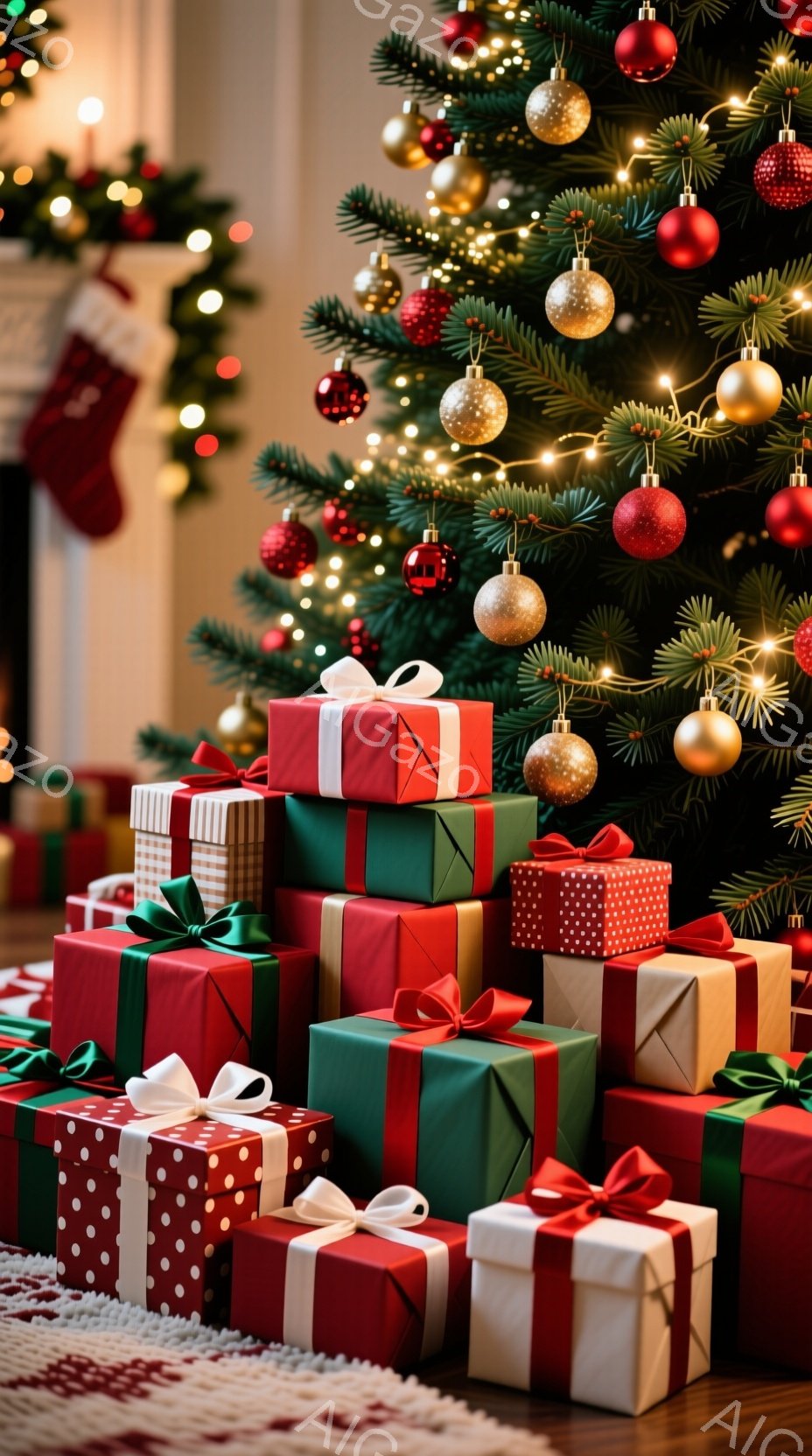 クリスマスツリーの足元に、赤、緑、白などの包装紙で包まれたプレゼントが積み重ねられています。ツリーはオーナメントや光で飾られており、温かく穏やかな雰囲気を醸し出しています。背景は少しぼやけており、ホリデーシーズンの祝祭的な気分を強調しています。