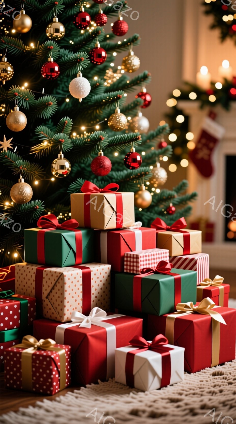 クリスマスツリーの足元に、赤、緑、水色、白などの包装紙でラッピングされたプレゼントが積み上げられています。プレゼントにはリボンやチェック柄が施され、華やかな印象を与えています。背景にはぼんやりとクリスマスツリーの緑と、光り輝くオーナメントが見え、温かく、お祝いムードに満ちた雰囲気が漂っています。