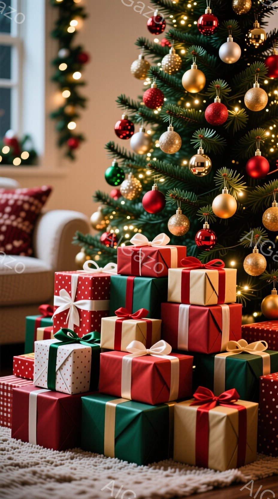クリスマスツリーの前に、赤、緑、ベージュのリボンで飾られたプレゼントが積み上げられています。背景には、装飾されたクリスマスツリーと、ぼやけたソファが見えます。全体的に暖かく、お祝いムードに満ちた雰囲気です。