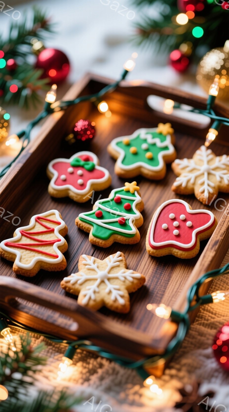 濃い木製のトレイに、様々な形にデコレーションされたクリスマスクッキーが並べられています。クッキーは緑と赤のアイシングで飾られ、雪の結晶、ハート、クリスマスツリーなどの形をしています。背景にはぼやけたクリスマスツリーと輝く電飾があり、温かくお祝いムードに包まれています。