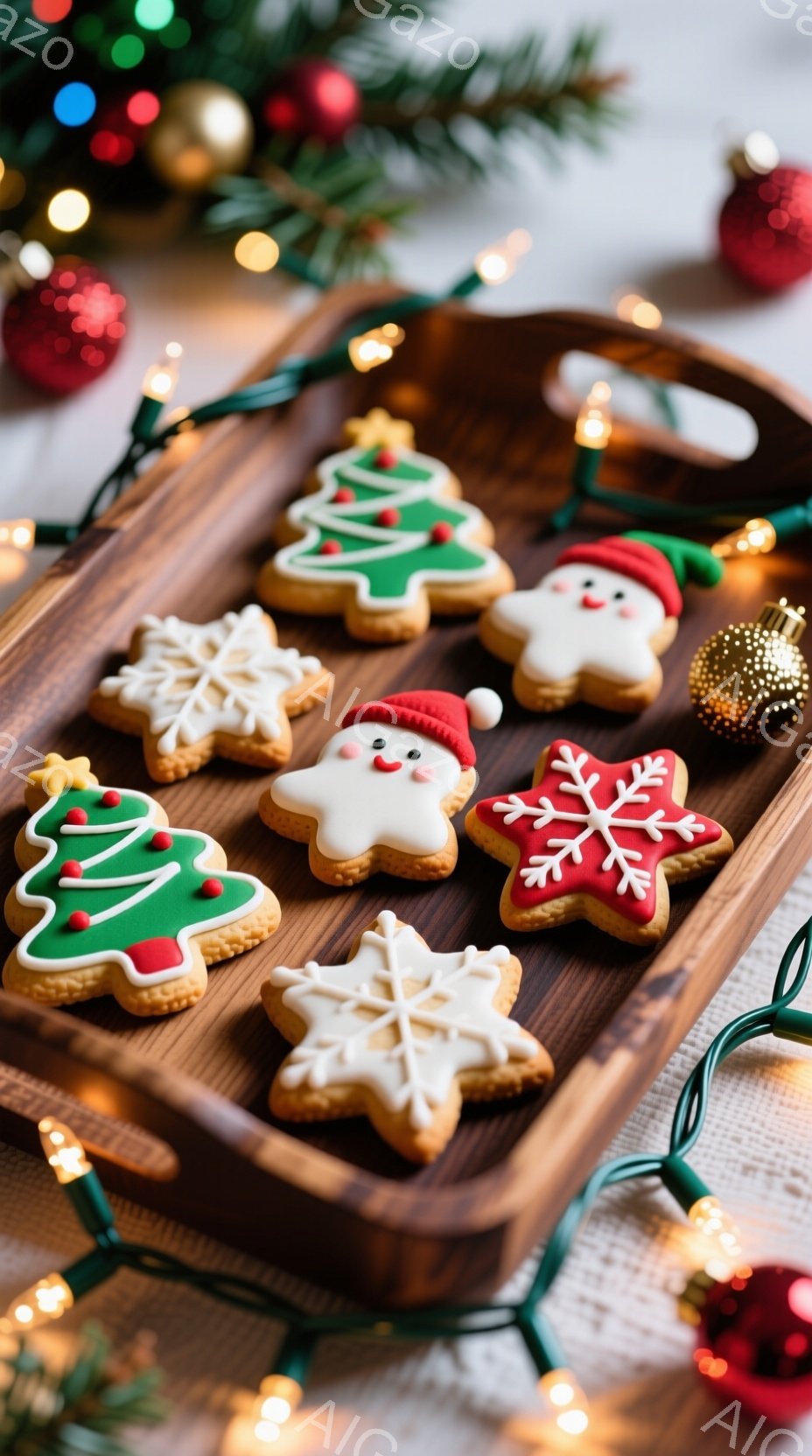 温かい色合いの木製プレートに、クリスマスのクッキーが並べられています。雪の結晶、クリスマスツリー、サンタクロースをモチーフにした可愛らしいクッキーは、白と赤のアイシングでデコレーションされており、背景にはぼやけたクリスマスオーナメントと電飾が光っています。全体的に温かく、お祝いムードに満ちたクリスマスの雰囲気が伝わってきます。