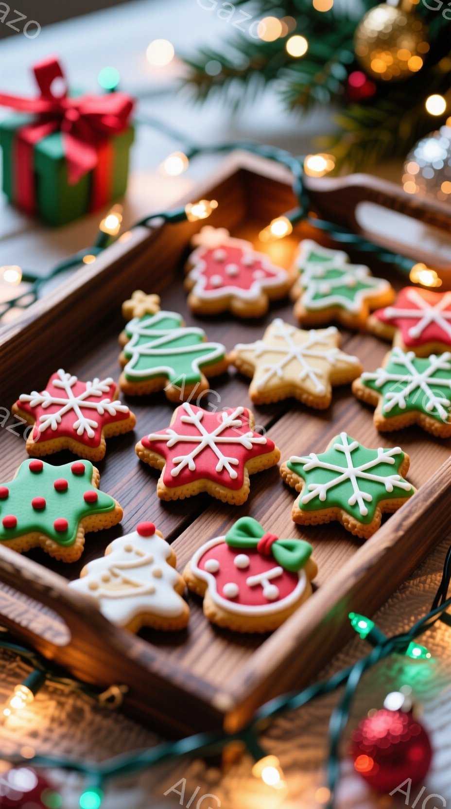 クリスマスツリーのオーナメントや赤いボールが背景に見える木製のトレーに、色とりどりのクリスマス・クッキーが並べられています。クッキーは雪の結晶、クリスマスツリー、そしてプレゼントの形をしており、アイシングで飾られています。全体的に暖かく、お祝いの雰囲気が漂い、クリスマスの喜びを表現しています。