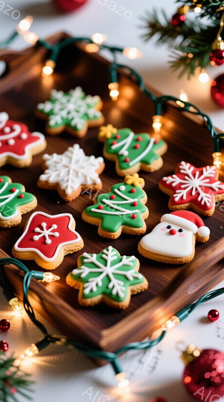 画像には、クリスマスをテーマにした様々なクッキーが木製のトレイの上に並べられています。雪の結晶、クリスマスツリー、サンタクロースの顔など、カラフルなアイシングで装飾されており、可愛らしい雰囲気を醸し出しています。背景にはぼんやりとクリスマスライトが見え、暖かく、お祝いのムードを演出しています。