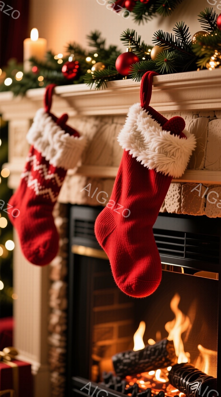 クリスマスツリーのオーナメントと暖炉の上に赤いクリスマスストッキングが二つ飾られています。暖炉の中では火が燃え盛り、温かく居心地の良い雰囲気を作り出しています。背景にはぼやけたクリスマスプレゼントが見え、ホリデーシーズンの暖かさと喜びを表現しています。