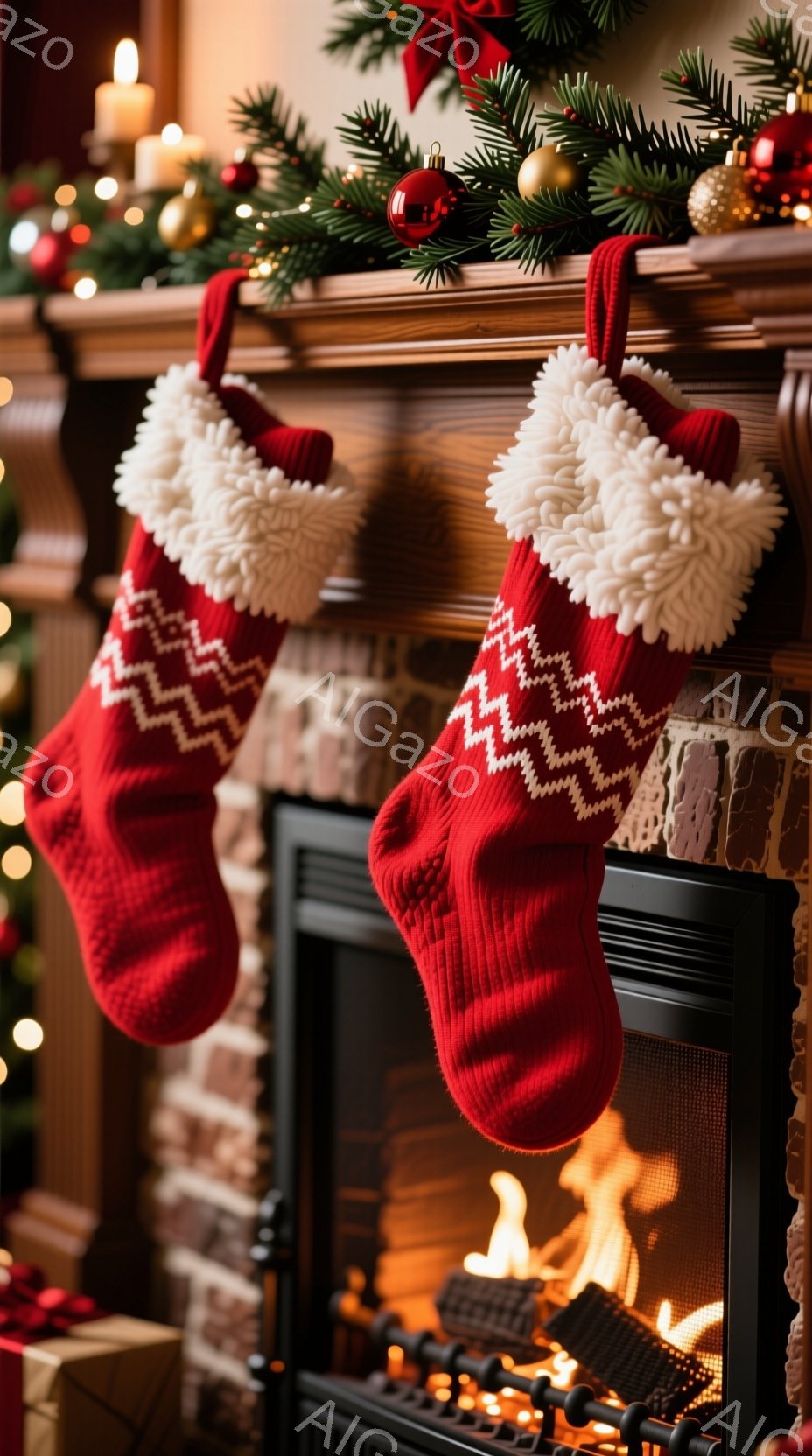 赤いクリスマスストッキングが暖炉の上のレンガの上に吊るされています。ストッキングの上部には白い毛皮のようなトリミングがあり、模様が編み込まれています。暖炉の中では暖かな炎が燃え盛り、背景にはクリスマスツリーの飾りやプレゼントが見え、温かく居心地の良いクリスマスの雰囲気が漂っています。
