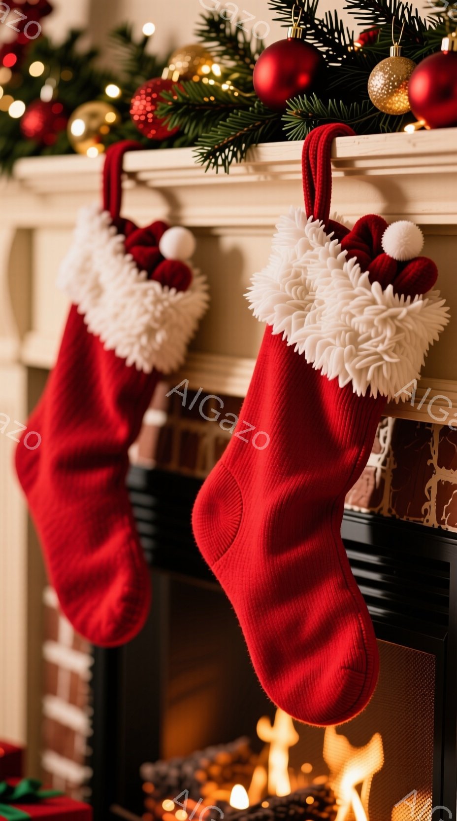 クリスマスソックスが暖炉の上のマントルピースに飾られています。ソックスは赤色で、ふわふわの白い縁取りとポンポンが付いており、ホリデーシーズンらしい温かさを醸し出しています。背景にはクリスマスツリーの枝やキラキラ光る装飾が写っており、暖炉の中では炎がゆらめき、心地よい雰囲気を演出しています。