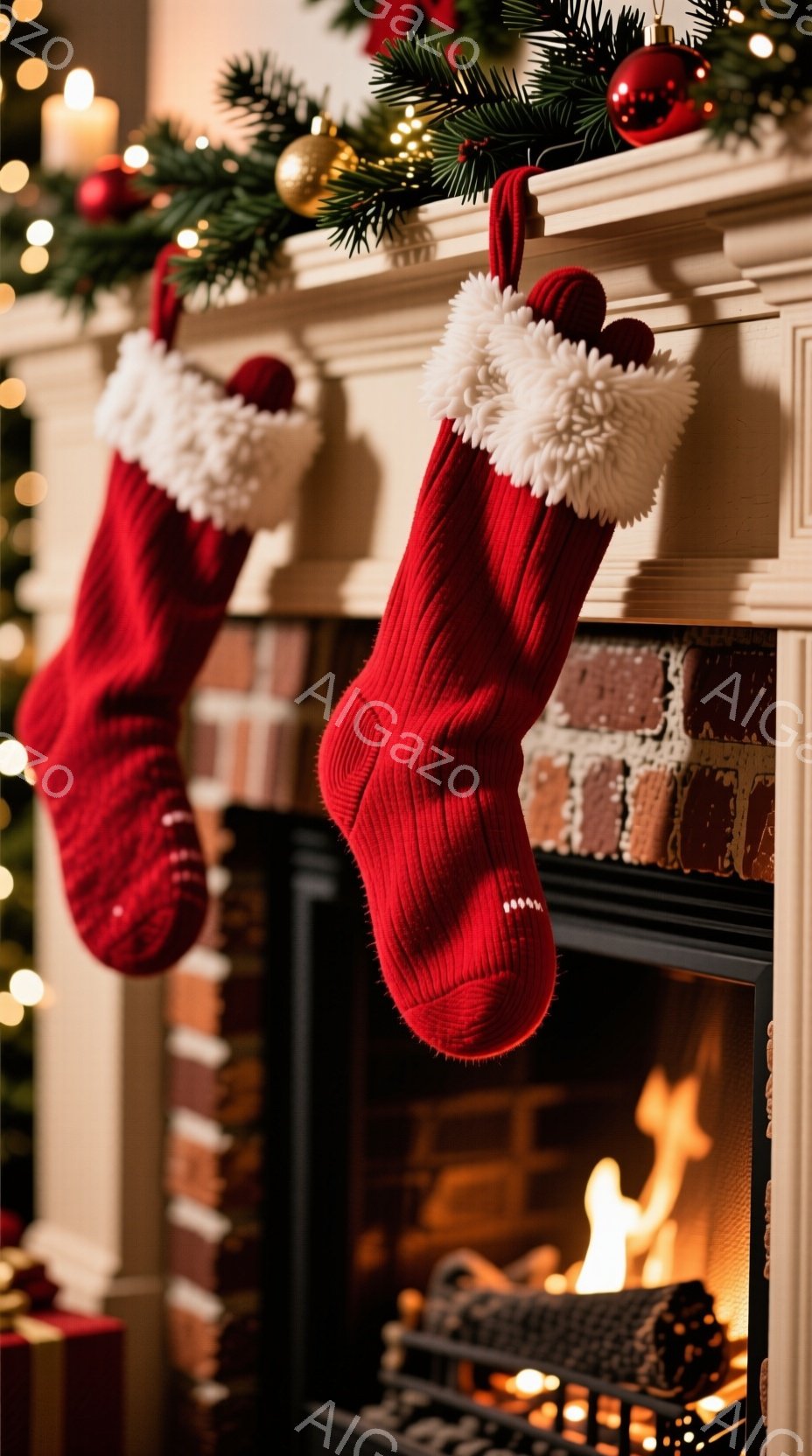 暖炉の上に2つの赤いクリスマスストッキングが掛けられています。ストッキングは白い毛皮のような縁取りが施され、クリスマスツリーの緑の飾りと輝く電球に囲まれています。暖炉の中では炎が燃え盛り、暖かく心地よい冬の雰囲気を醸し出しています。