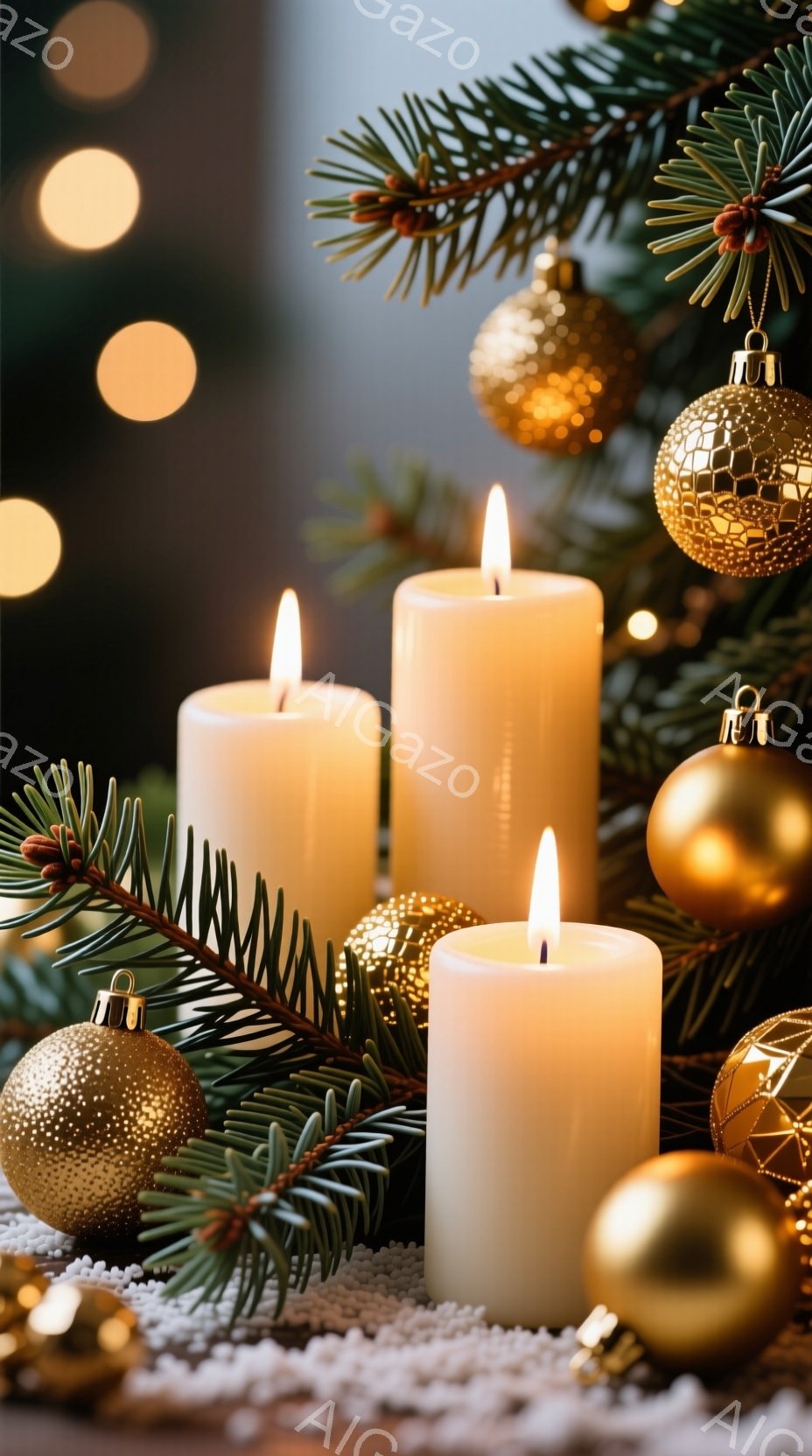 暖炉のそばのような暗い背景に、白い柱状のキャンドルが複数灯っており、優しく温かい光を放っている。キャンドルの周りには、金色のオーナメントやもみの木の枝が散りばめられ、白い粒状の装飾が敷かれている。全体的に、クリスマスの温かく、お祝い的な雰囲気を醸し出している。