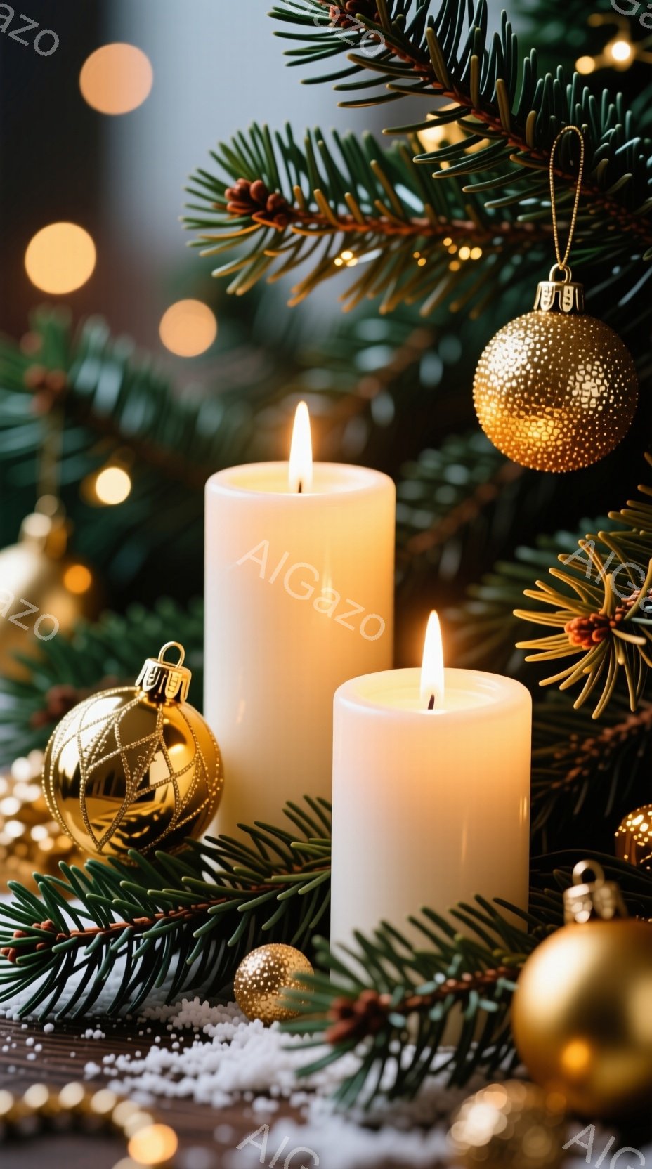 クリスマスツリーの針葉樹と金色のオーナメントに囲まれた、白く光る柱状のキャンドルが2本並んでいます。キャンドルの炎は温かく、キラキラとした雪と背景のぼかしが、暖かく心地よいホリデームードを演出しています。全体的に、洗練された冬の装飾の美しい静物画です。