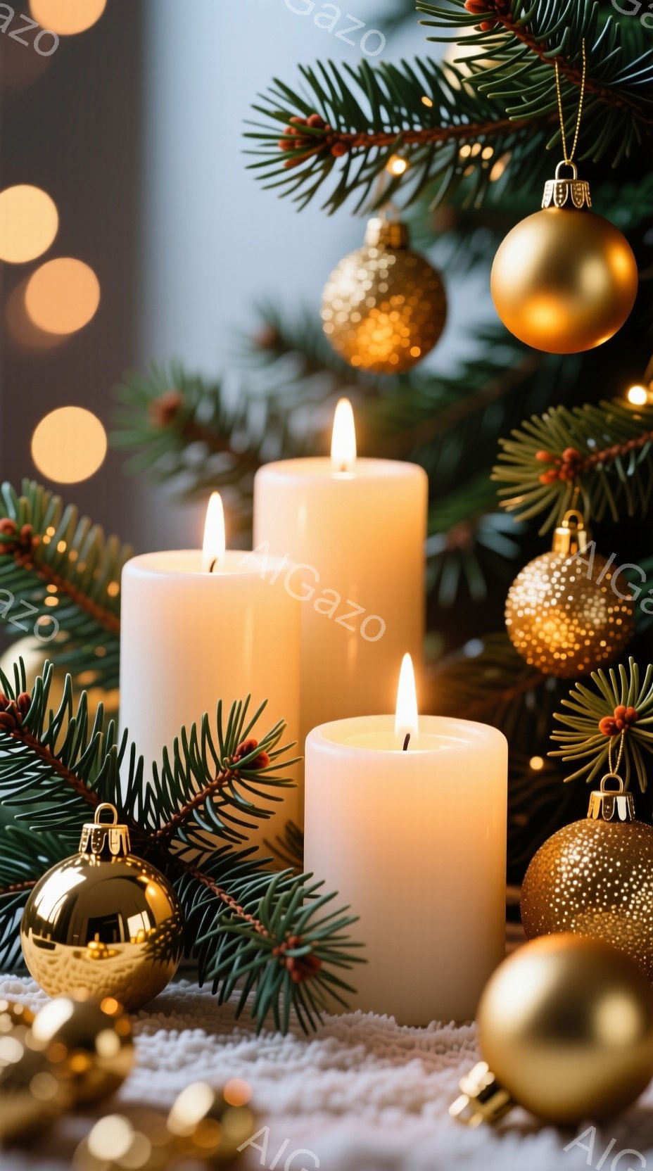 白いキャンドルが3本、クリスマスツリーの枝と金色のオーナメントに囲まれて配置されています。背景にはぼやけた光が点在し、暖かく穏やかなクリスマスの雰囲気を醸し出しています。全体的に、優雅で落ち着いた冬の静寂を感じさせる光景です。