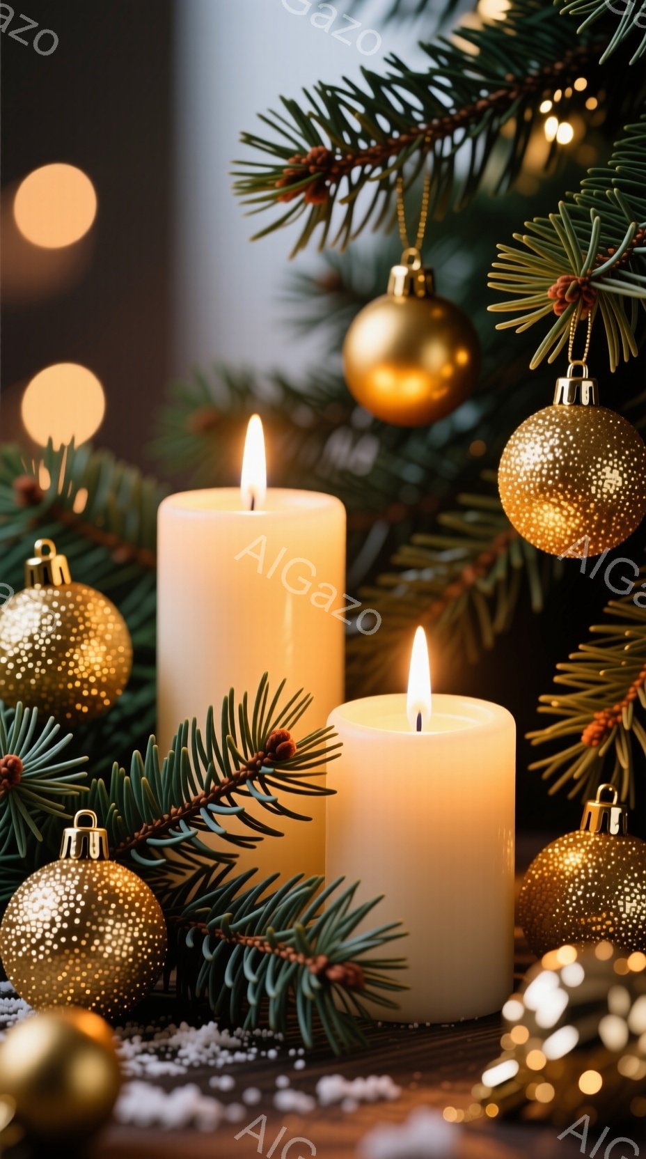 暖炉のそばのような木製のテーブルの上に、白い柱状のキャンドルが二本立っており、それぞれが穏やかに炎を灯している。キャンドルの周りには、緑の常緑樹の枝と金色の装飾されたクリスマスオーナメントが散りばめられており、雪のようなきらめく粒子がアクセントになっている。全体的に、温かく、穏やかで、祝祭的な雰囲気があり、冬のホリデーシーズンを彷彿とさせる。