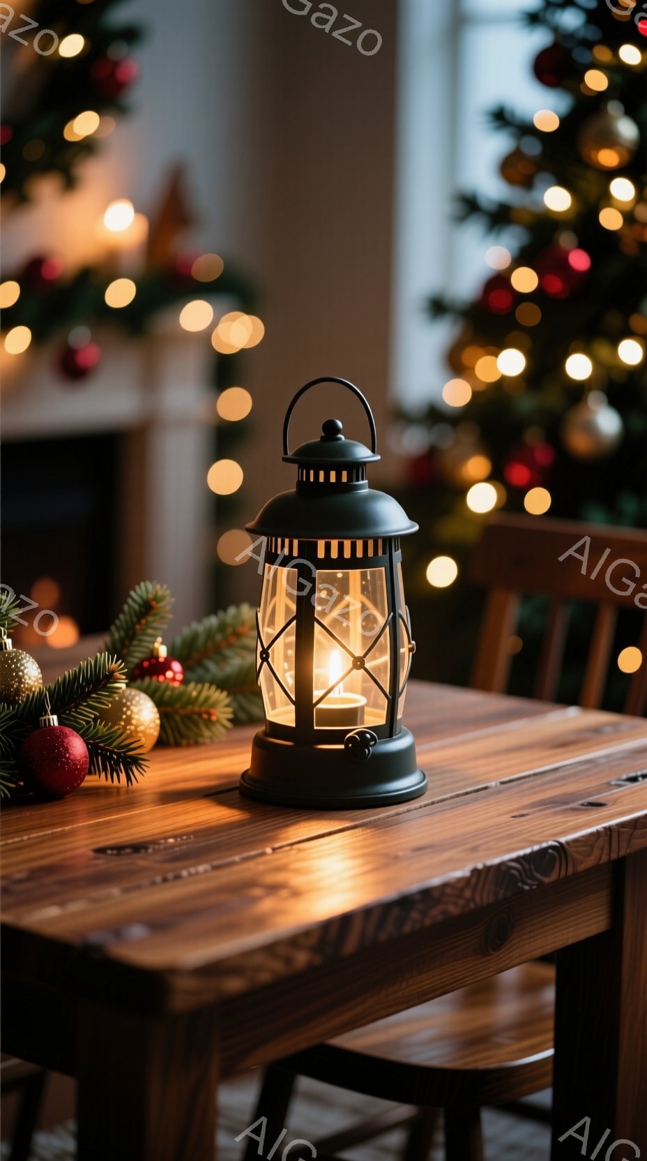 温かい光を放つ黒い提灯が、木のテーブルの上に置かれています。背景にはぼやけたクリスマスツリーの光があり、テーブルの上には装飾品や常緑樹の枝が置かれ、温かく、お祝いの雰囲気を醸し出しています。木製のテーブルと椅子が、この冬のシーンに落ち着きと暖かさを加えています。